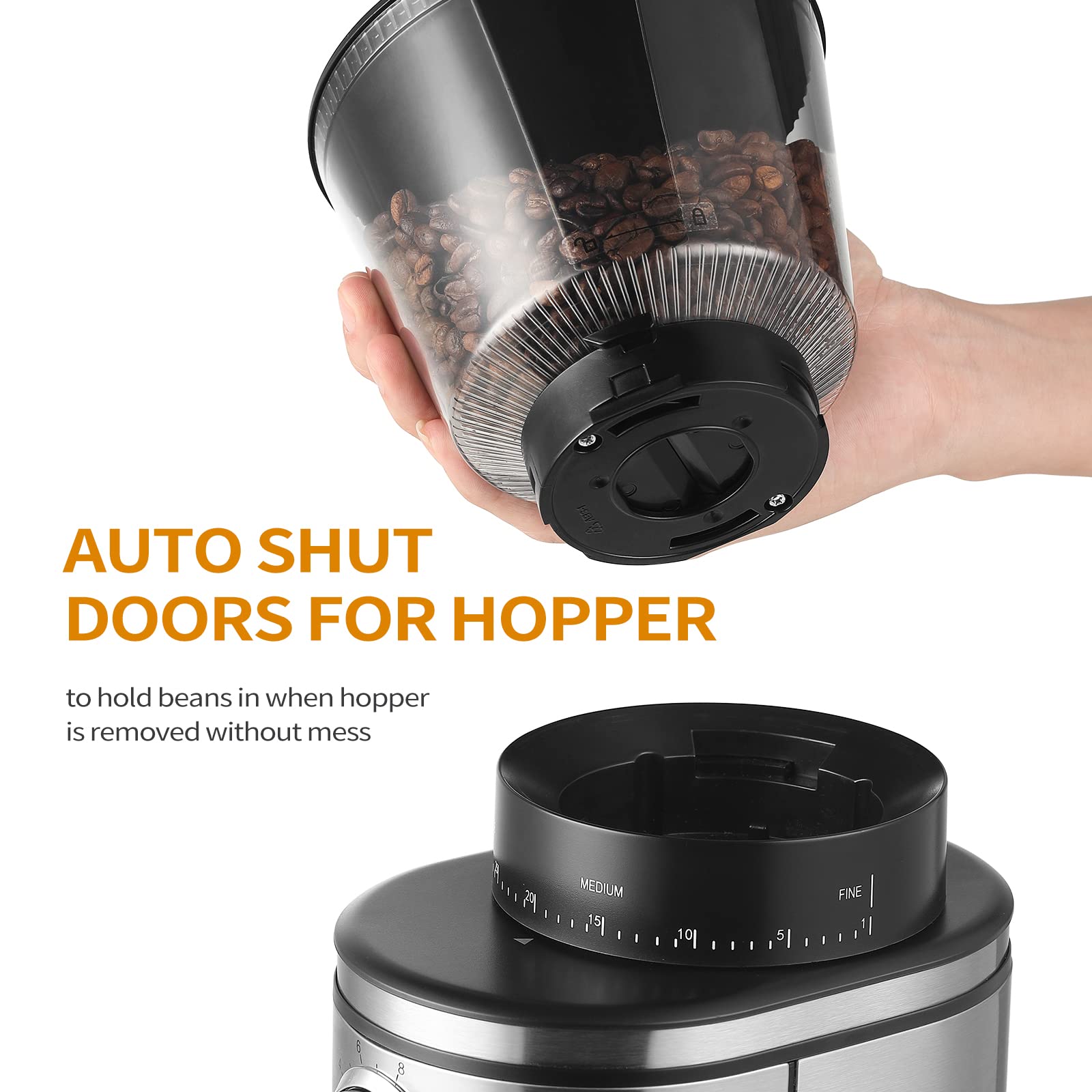 Ollygrin Electric Conical Coffee Grinder, 30 Grind Settings, 5.4x7x12.9 inch, Stainless Steel, Black & Silver, Model BG702S-PG