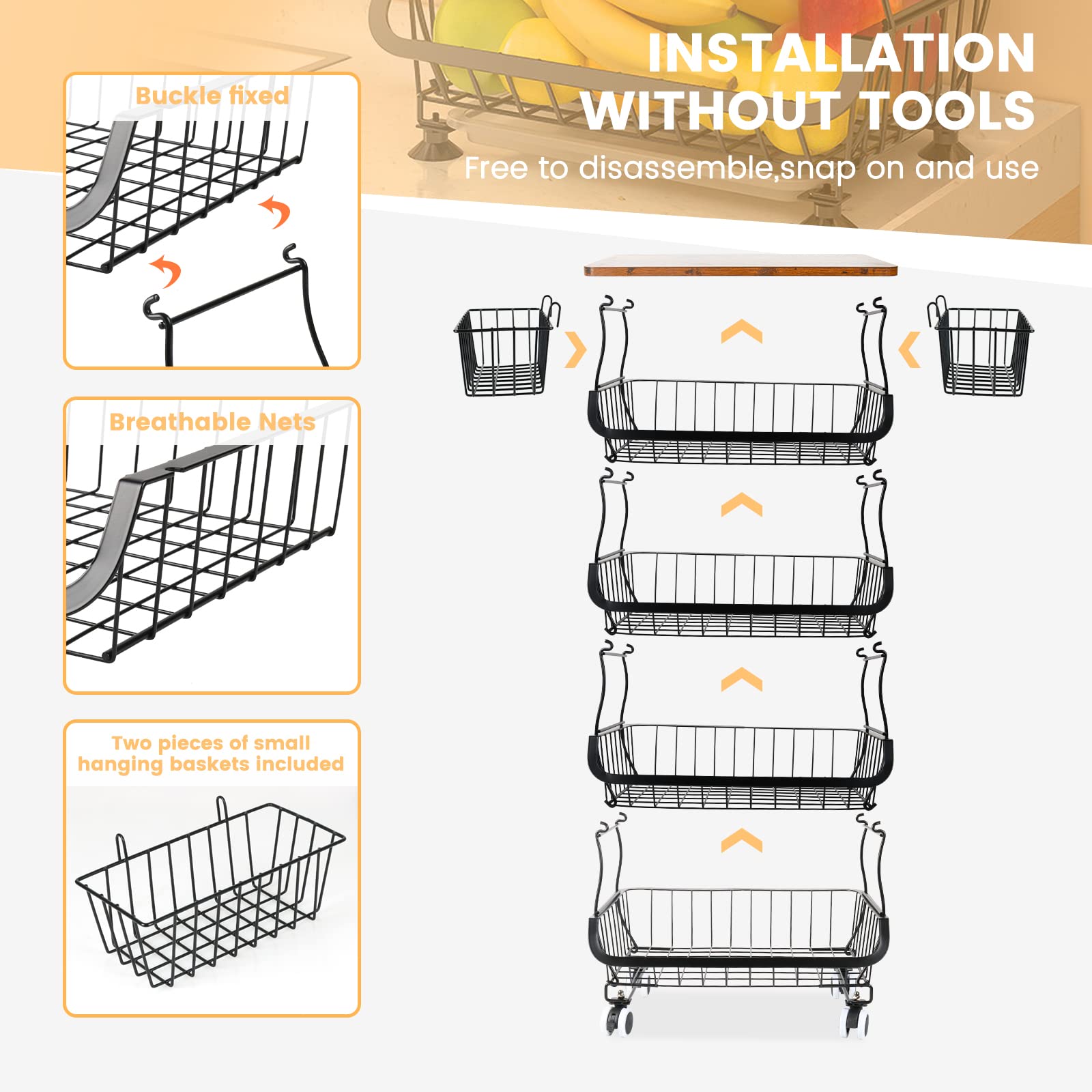 Modereve Fruit Basket For Kitchen, 5 Tier Stackable Fruit And Vegetable Storage Basket Bins Heavy Duty Wire Rolling Cart For Kit