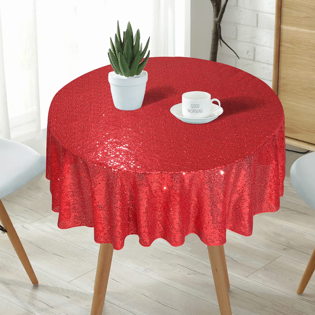 Eternal Beauty Red 48'' Round Sequin Tablecloth- Sparkly Sequin Overlay For Wedding Party/Dessert Table/Christmas Decoration(48-