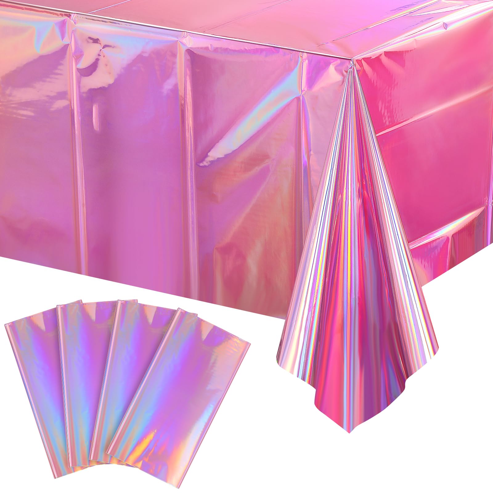 4 Pack Iridescent Pink Plastic Tablecloths, FunnyPars Shiny Disposable Laser Rectangle Table Covers, Holographic Foil Tablecloth