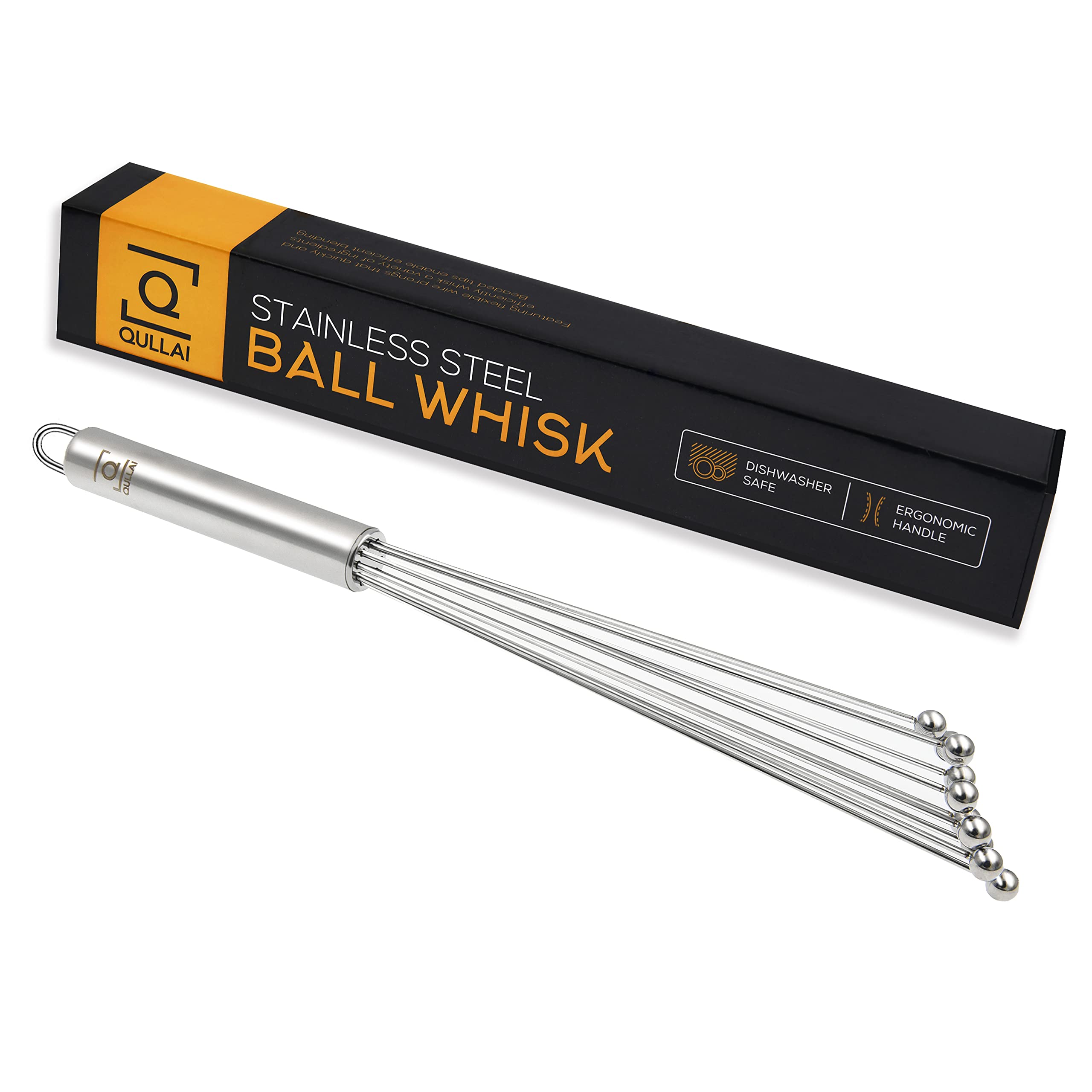 Qullai 12'' Professional Chefs Stainless Steel Ball Whisk. Great For Blending, Whisking, Beating, And Stirring. Whisks Eggs, Cho