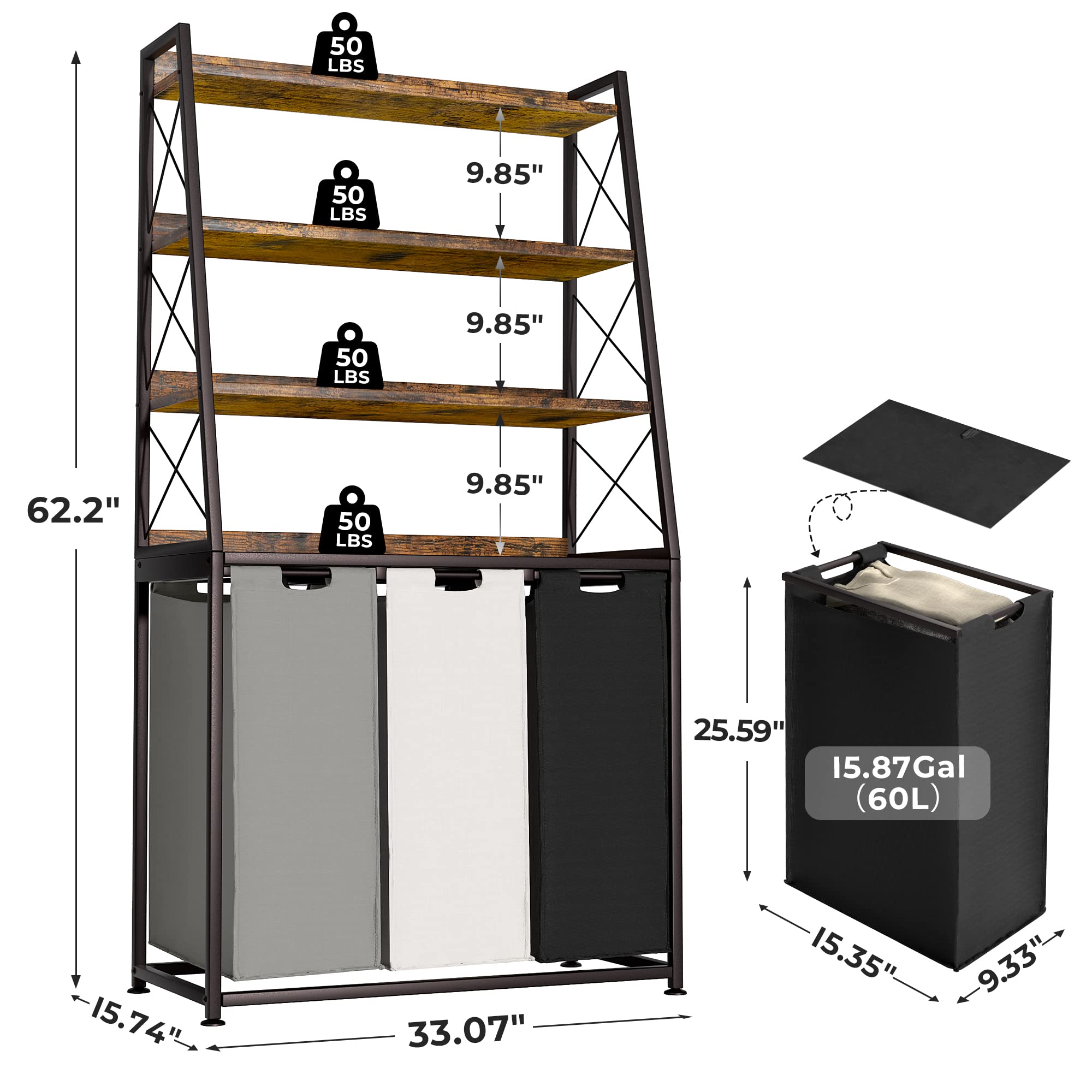 Herture Laundry Basket, 3 Section Laundry Hamper With 4 Tiers Shelf, Pull-Out And Removable Laundry Bags, Large 3 X 15.87 Gallon