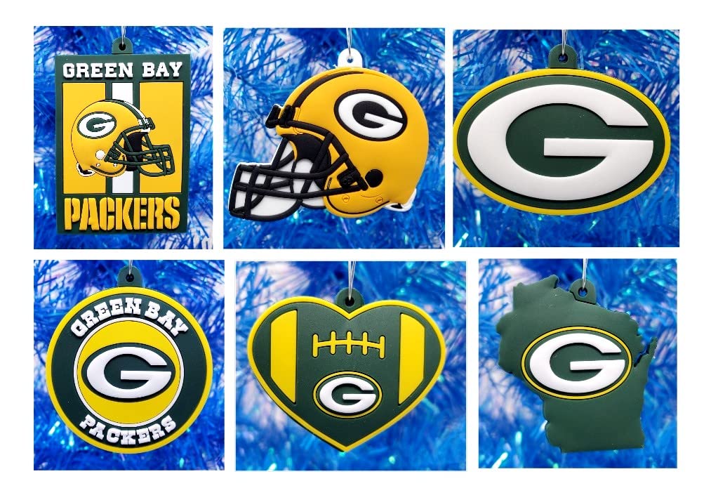 Green and Gold Cheesehead Green Bay Football Team Themed 6 Piece Christmas Ornament Set