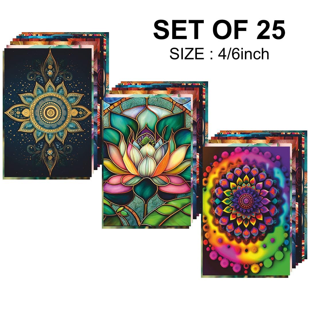 Cvanu 25Pcs Beautiful Mandala Aesthetic Pattern Printed Collage Kit Posters With Glue Dot Tape For Wall Decoration (6Inchx4Inch)
