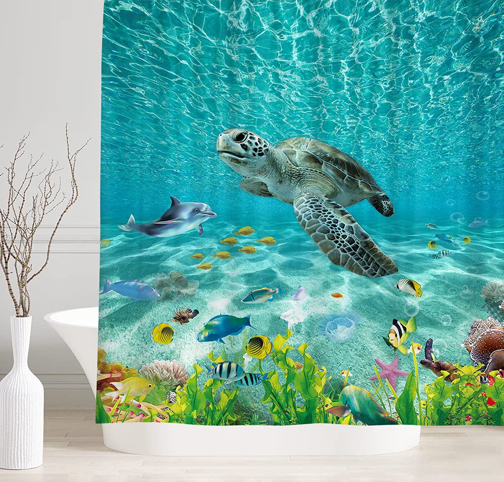 Dynh Sea Turtle Shower Curtain, Under The Sea Ocean Animals Shower Curtain Underwater Tortoise Seaweed Fish Shower Curtain, Sea