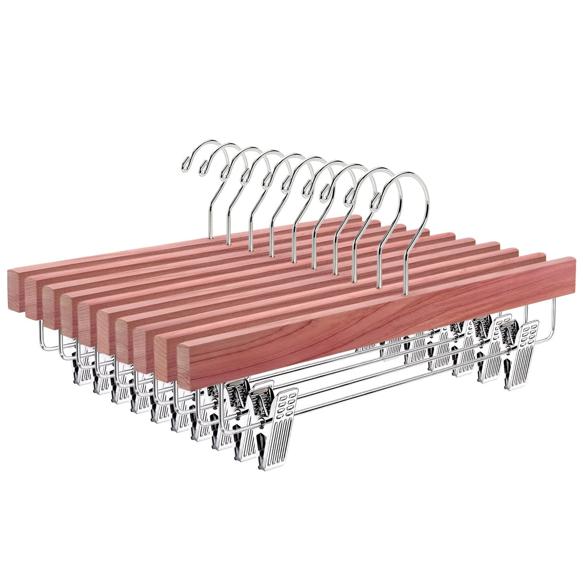 Amber Home American Red Cedar Wood Pants Hangers 12 Pack, Natural Cedar Wooden Slacks Skirts Hangers With 2-Adjustable Clips, Bo
