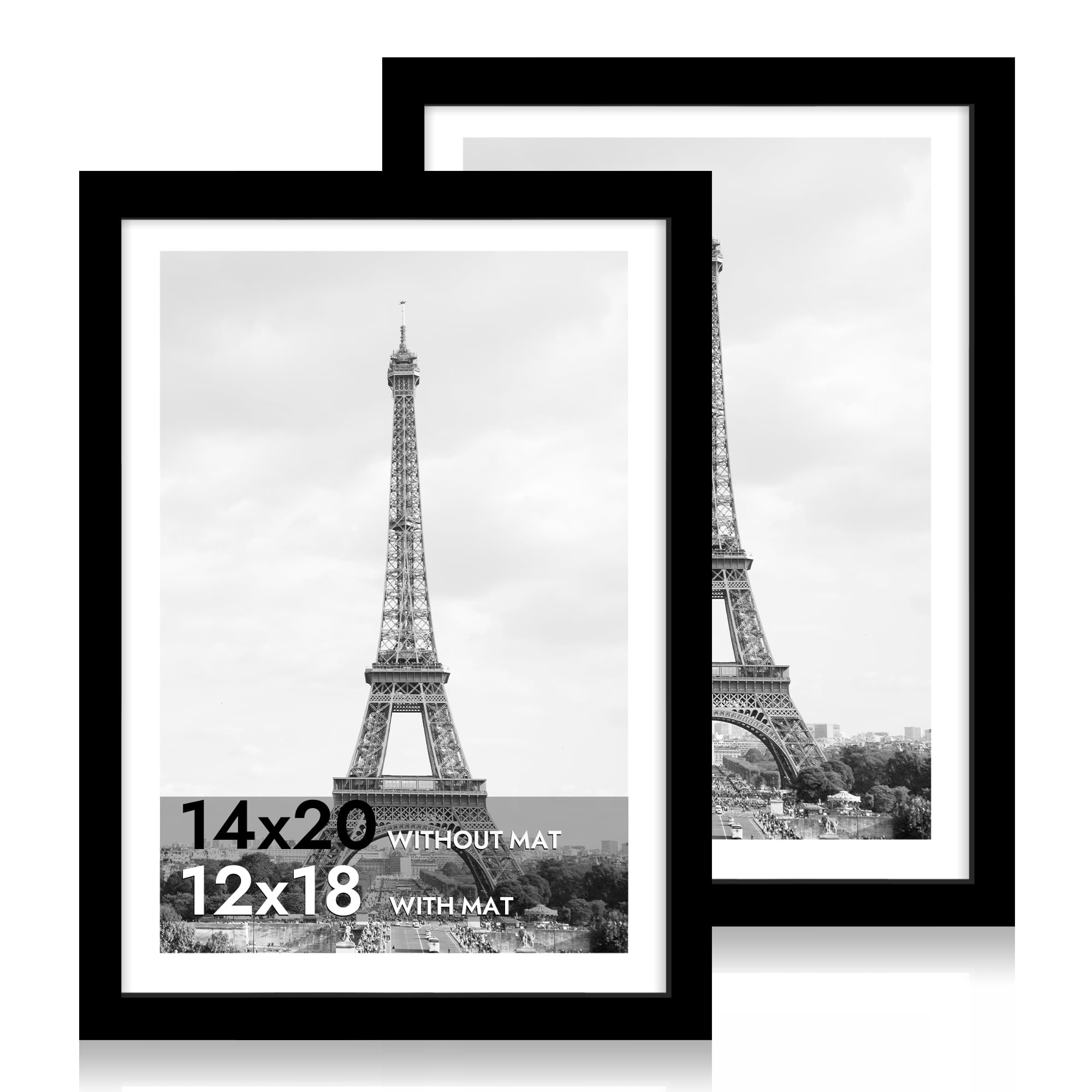 iRahmen 14x20 Picture Frame Set of 2 with Plexiglass, Black Poster Frame Display 12x18 Picture with Mat or 14 x 20 Without Mat, 
