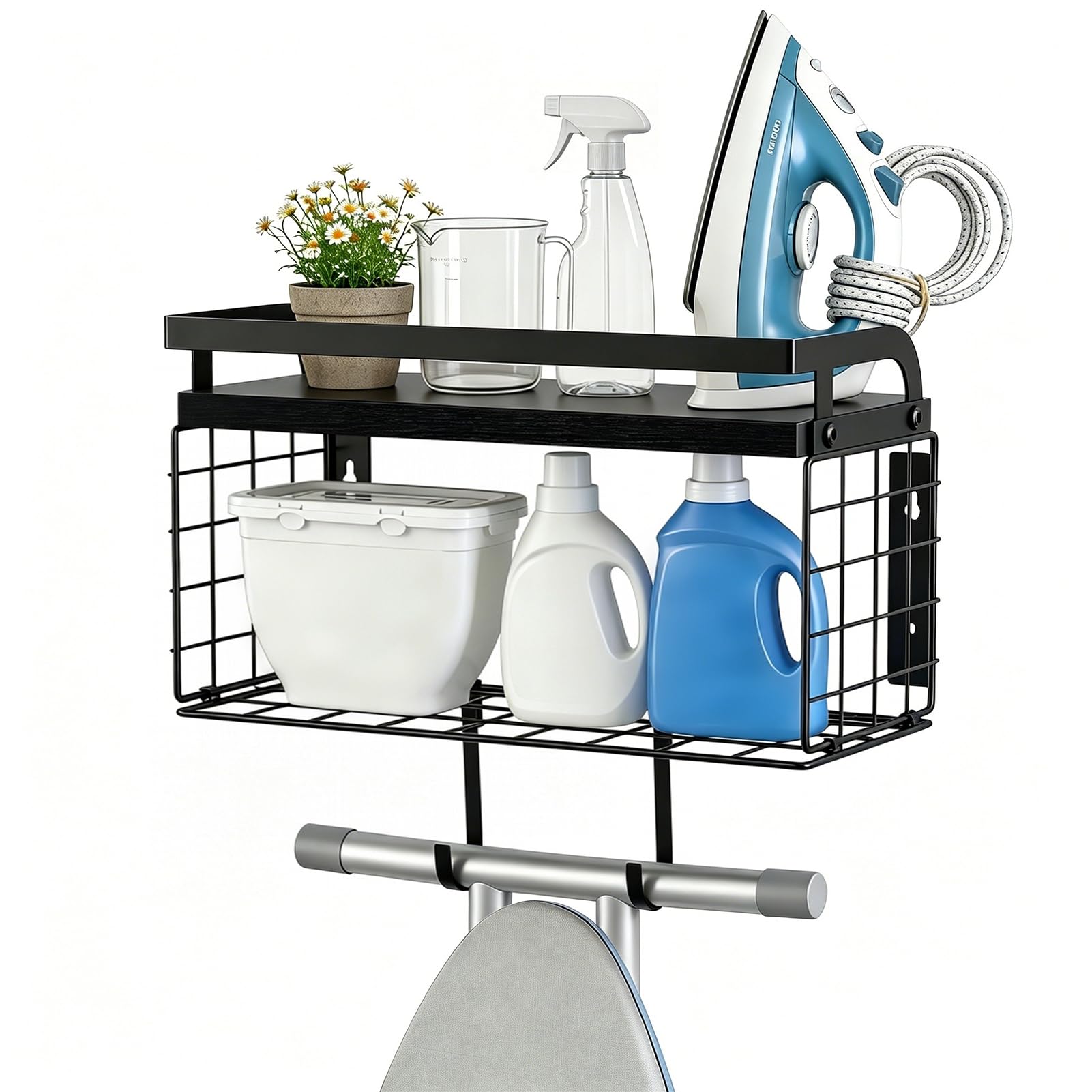 Ironing Board Hanger Wall Mount with Large Storage Basket and Metal Hooks