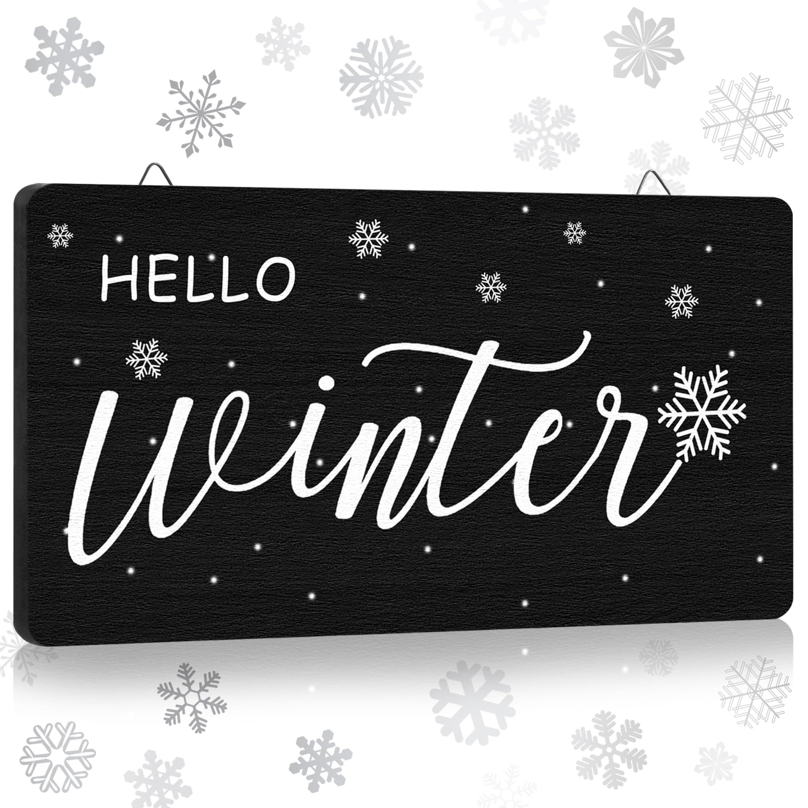 Blulu Hello Winter Wooden Snowflake Sign Rectangle Wall Hanging Plaque Bathroom Rustic Wooden Sign Vintage Farmhouse Home Wall A