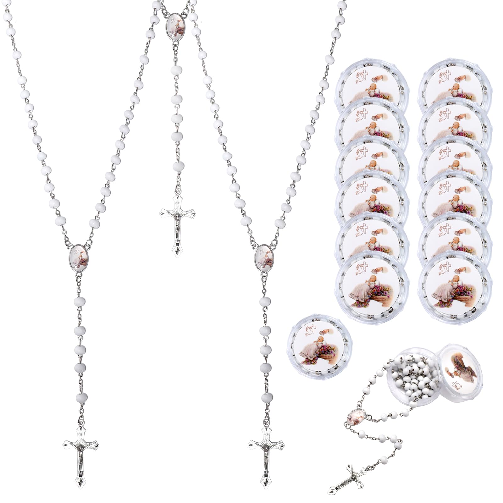 12 PCS Guardian Baby Angel White Bead Scented Rosaries For Baptism Gifts Girls Boys,Rosaries In Bulk For First Communion Party F