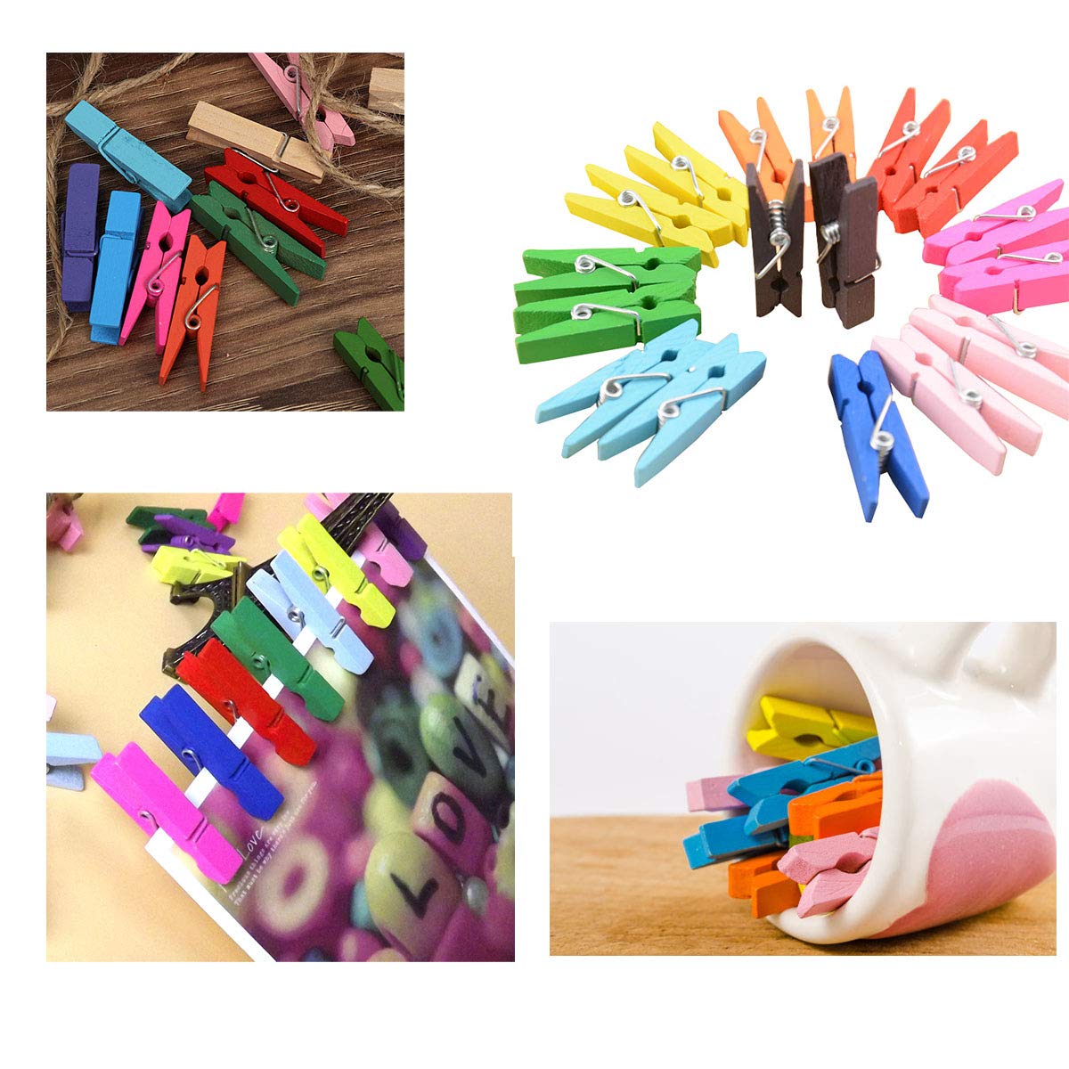 Wooden Clothes Pins  100pcs 1.3Inch (3.5cm) 10 Colored Small Wooden Chip Clips with 33 Feet Jute Twine for Bag Clips Clothespin Bag Clothes Pin Heavy Duty Outdoor(Mixed Colored)