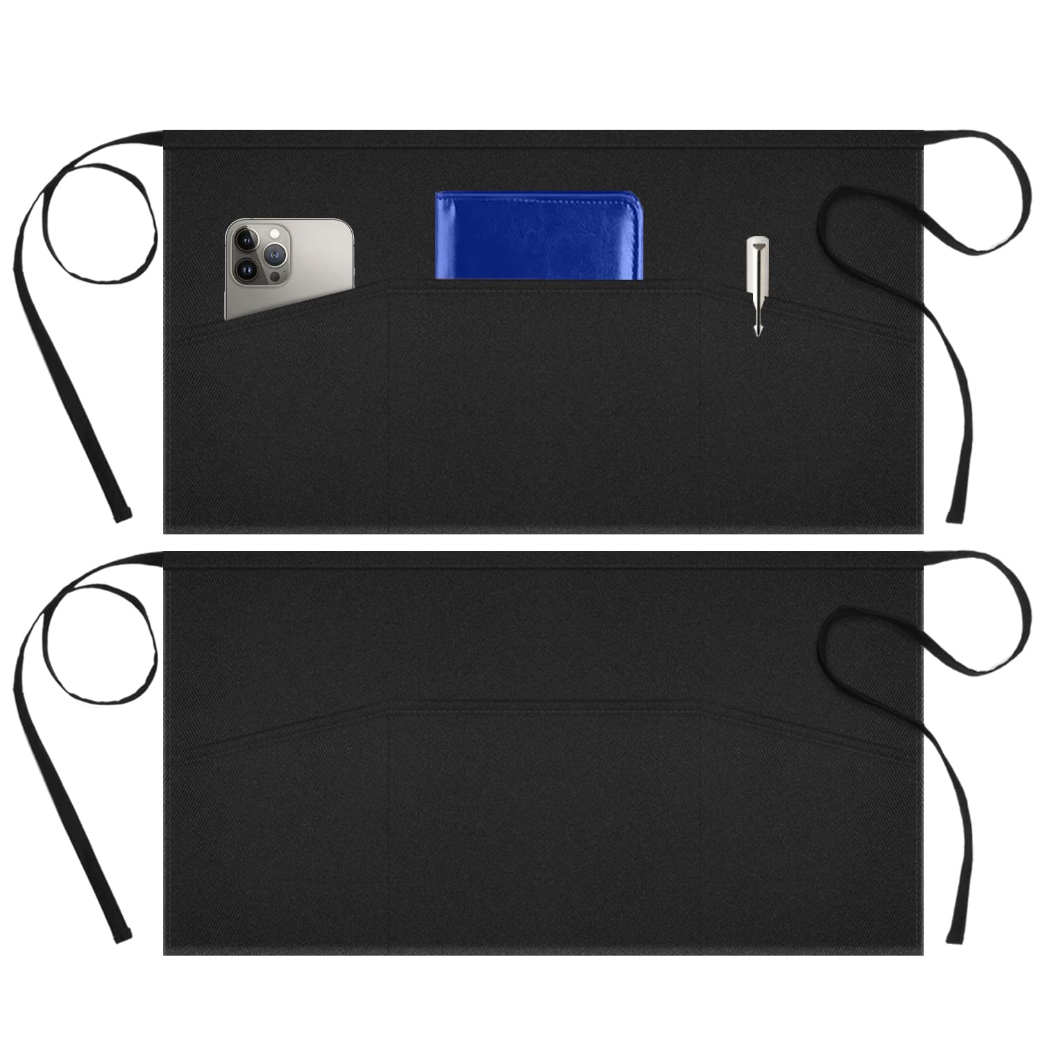 Syntus 2 Pack 3 Pockets Waterdrop Resistant Waitress Waist Apron, 11.5Inch Black