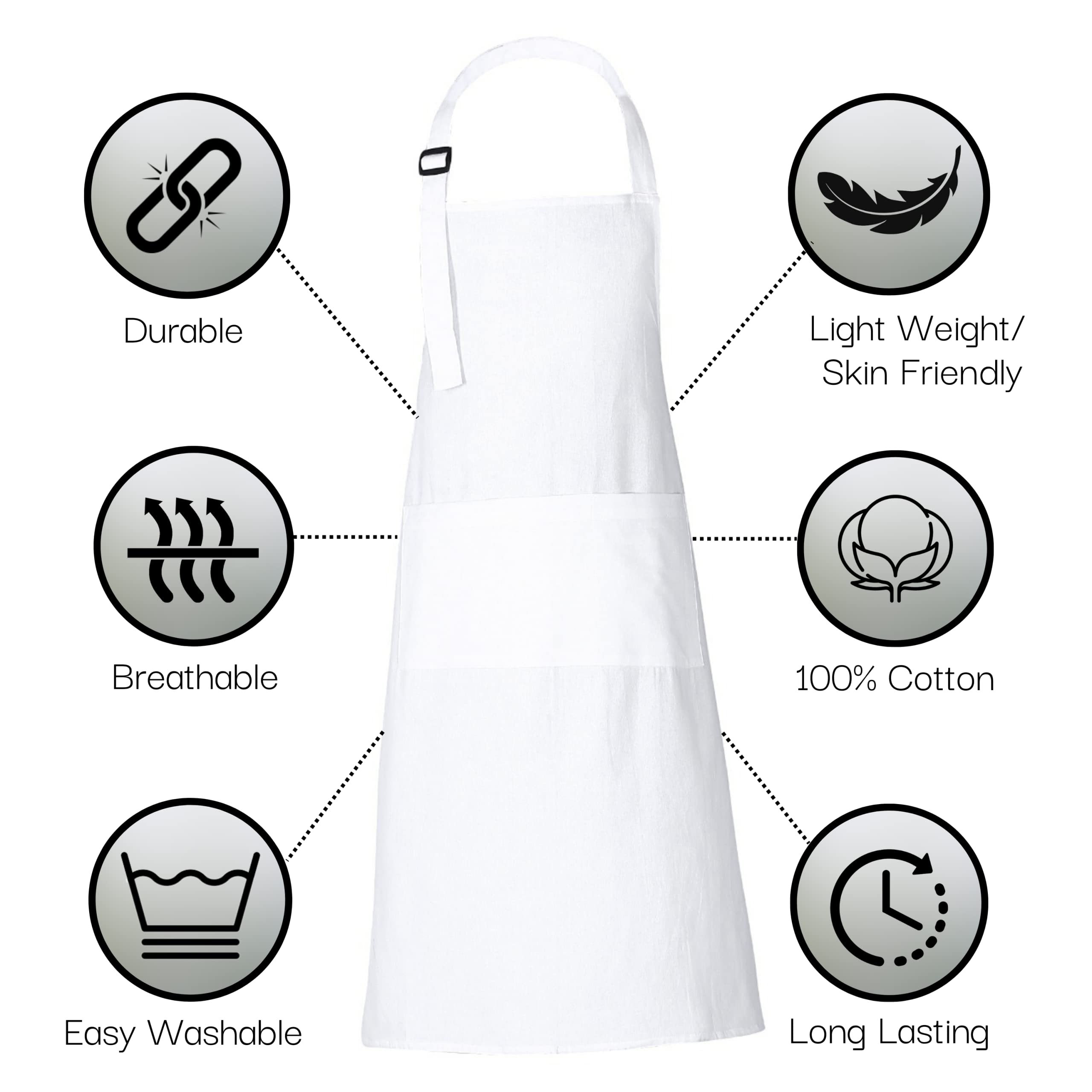 Rajrang Chef Apron For Women Men With Pockets Cotton Kitchen Cooking Long Plain Aprons White, 35X27 Inches, Pack Of 2