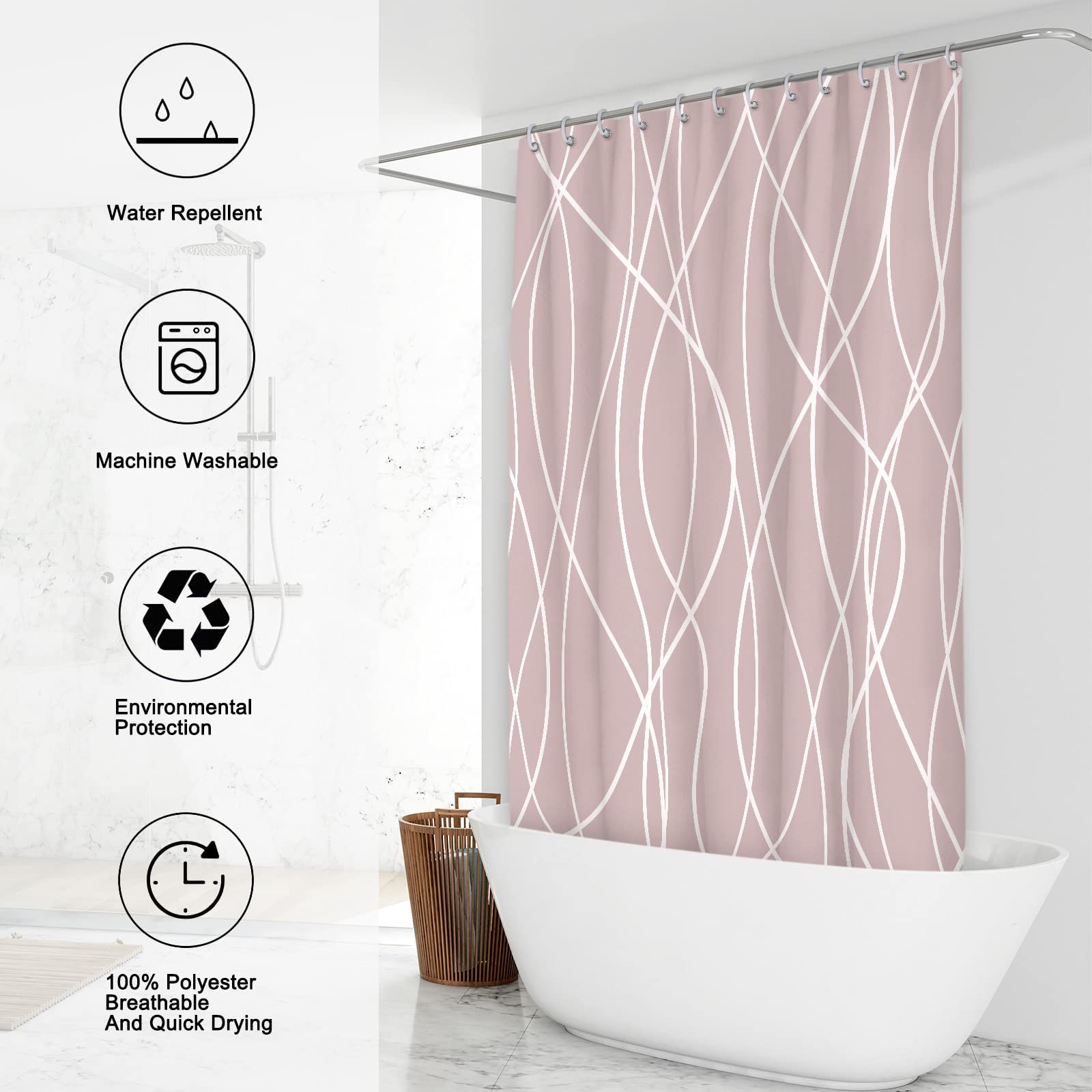 Punkray Pink Shower Curtain For Bathroom With Hooks Shower Curtain Set,White Stripe Bath Curtains Decorative Shower Curtains Wat
