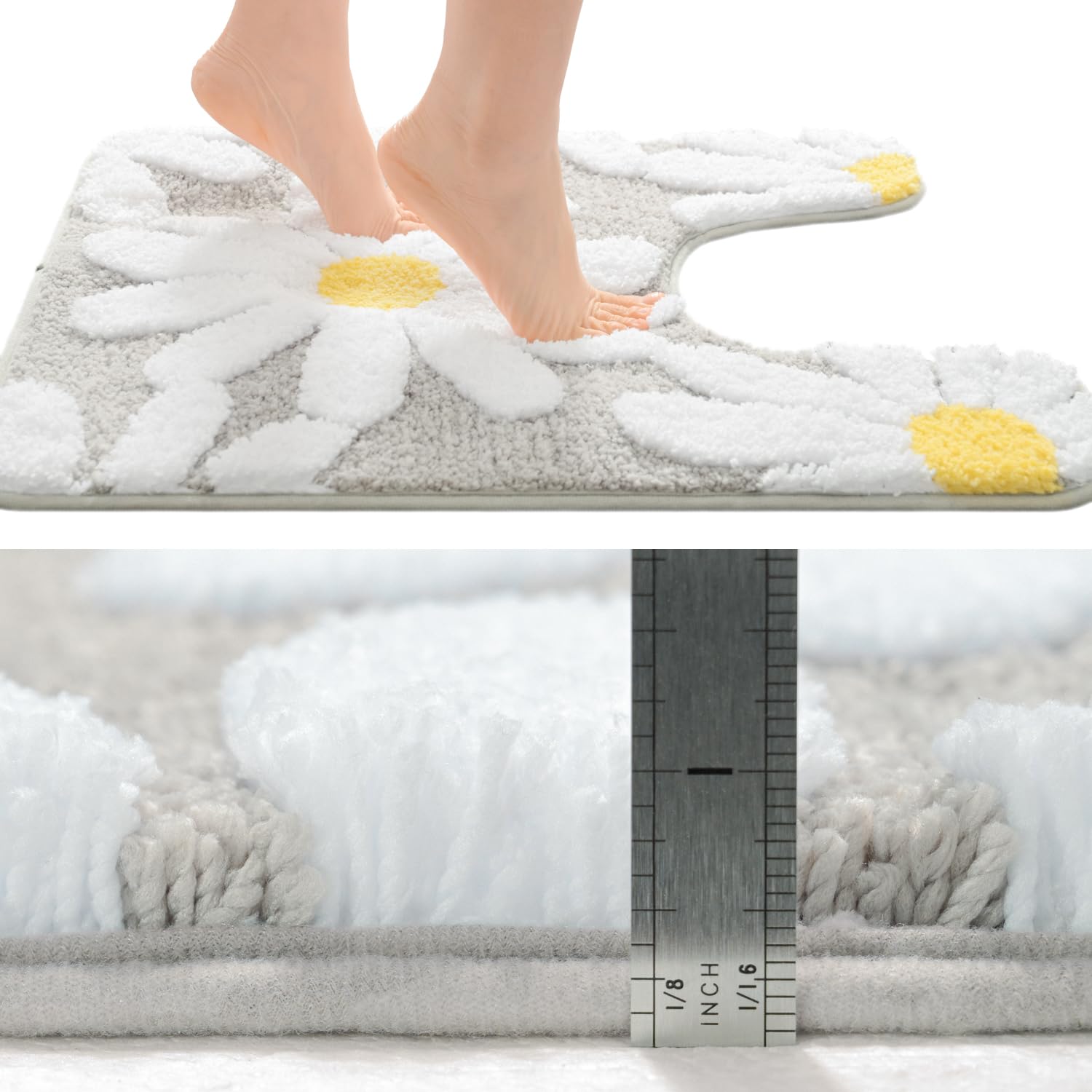 Qjhomo Bathroom Rug Set 2 Piece, Cute Daisy Bath Mat Gray Toilet Rug U Shaped, Flower Deocr Bathroom Set Non Slip Contour Bathma