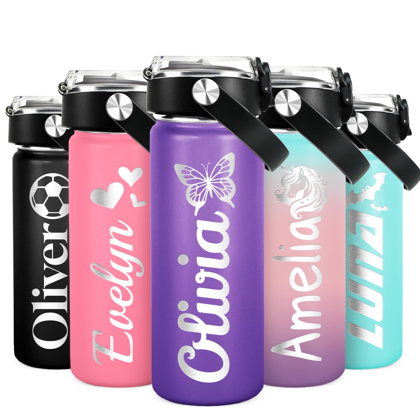 DOCRAGI Personalized Water Bottles for Kids, Custom Water Cups with Name and 25 Icon Engraved, 18 oz - 16 Colors, Double Wall In