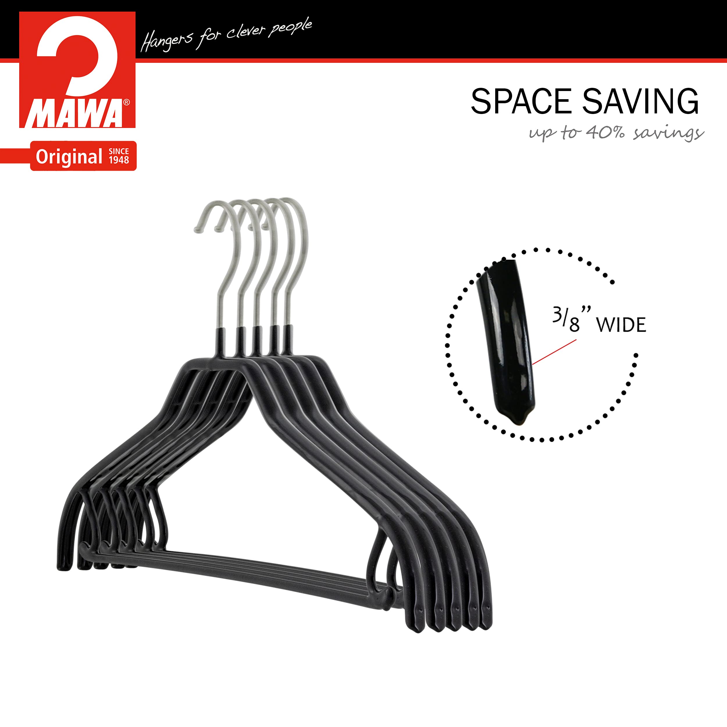 Mawa by Reston Lloyd Silhouette Series Non-Slip Space Saving Clothes Hanger with Bar & Hook for Pants and Skirts  Style 41/FRS  Set of 12  Black