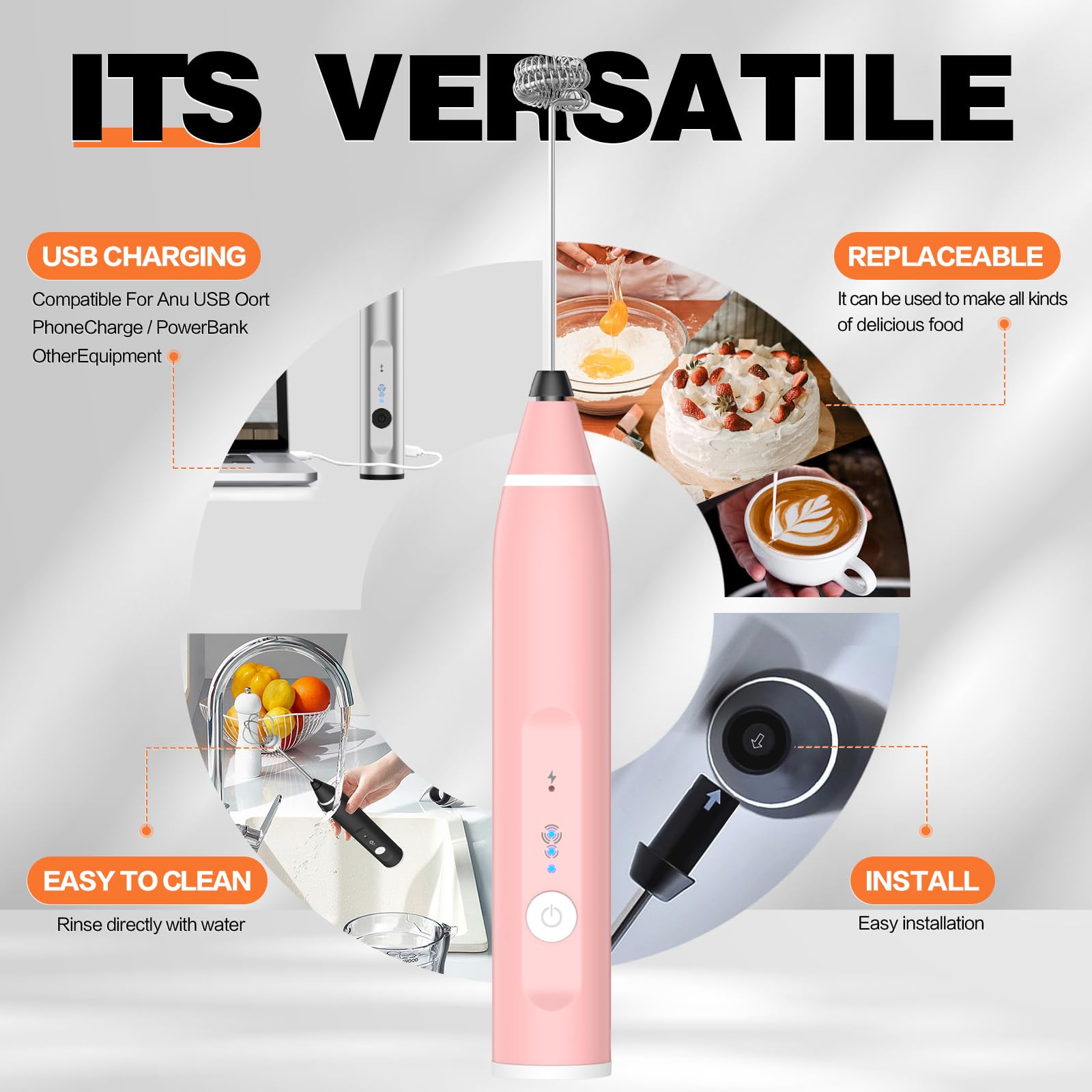 Milk Frother Rechargeable Handheld Electric Whisk Coffee Frother Mixer with 3 Stainless whisks 3 Speed Adjustable Foam Maker Blender for Coffee Matcha Latte Cappuccino Hot Chocolate(Classic Pink)