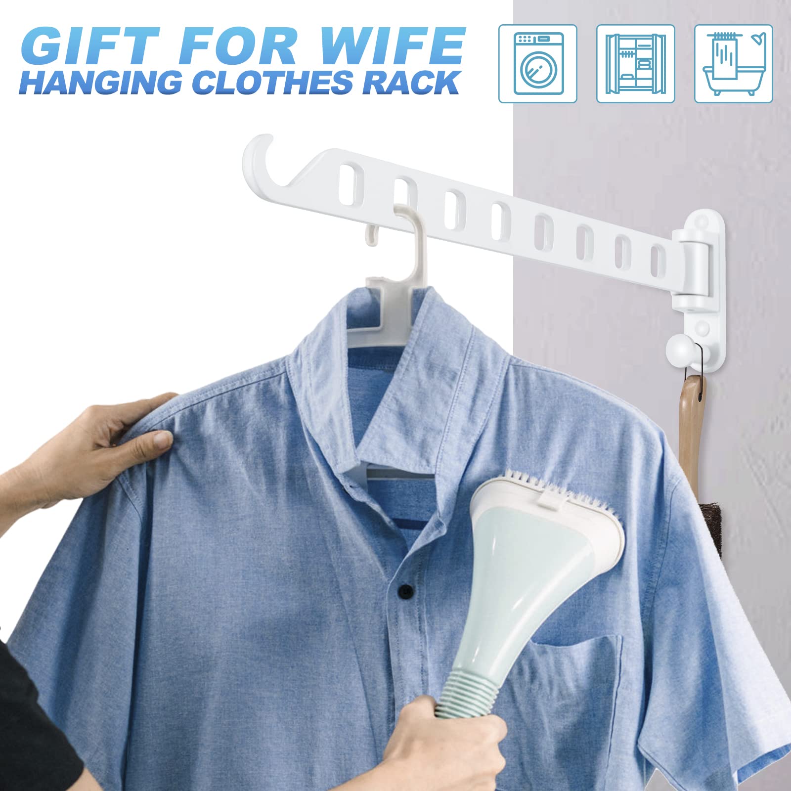Skiken White Laundry Clothes Hanger Rack With 8 Holes, Wall Mount Laundry Room Hanger Swing Arm, 180Rotation, Folding Wall Hange