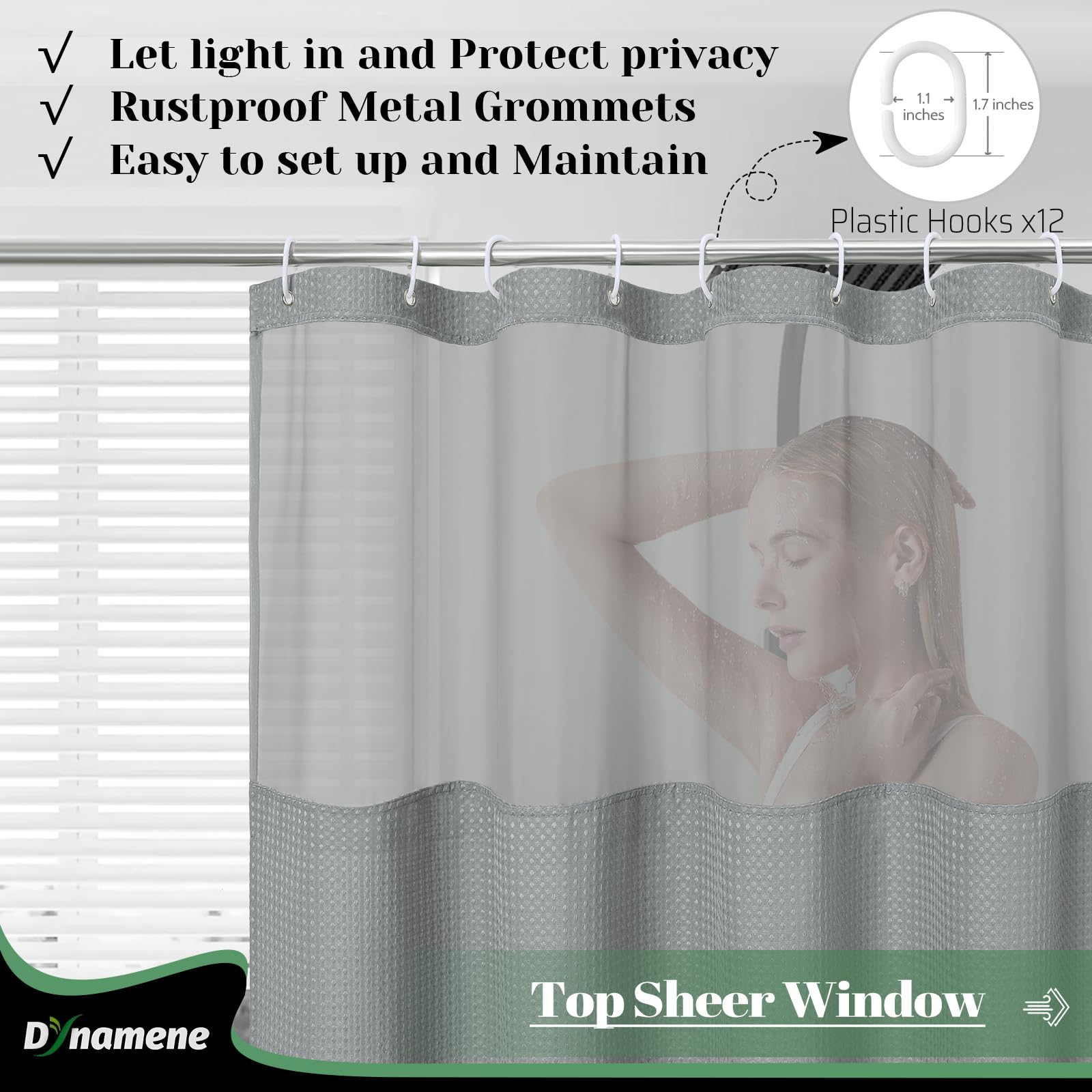 Dynamene Fabric Shower Curtain With Snap In Liner, Grey Waffle Hotel Shower Curtains For Bathroom, Washable Waterproof Cloth Sho