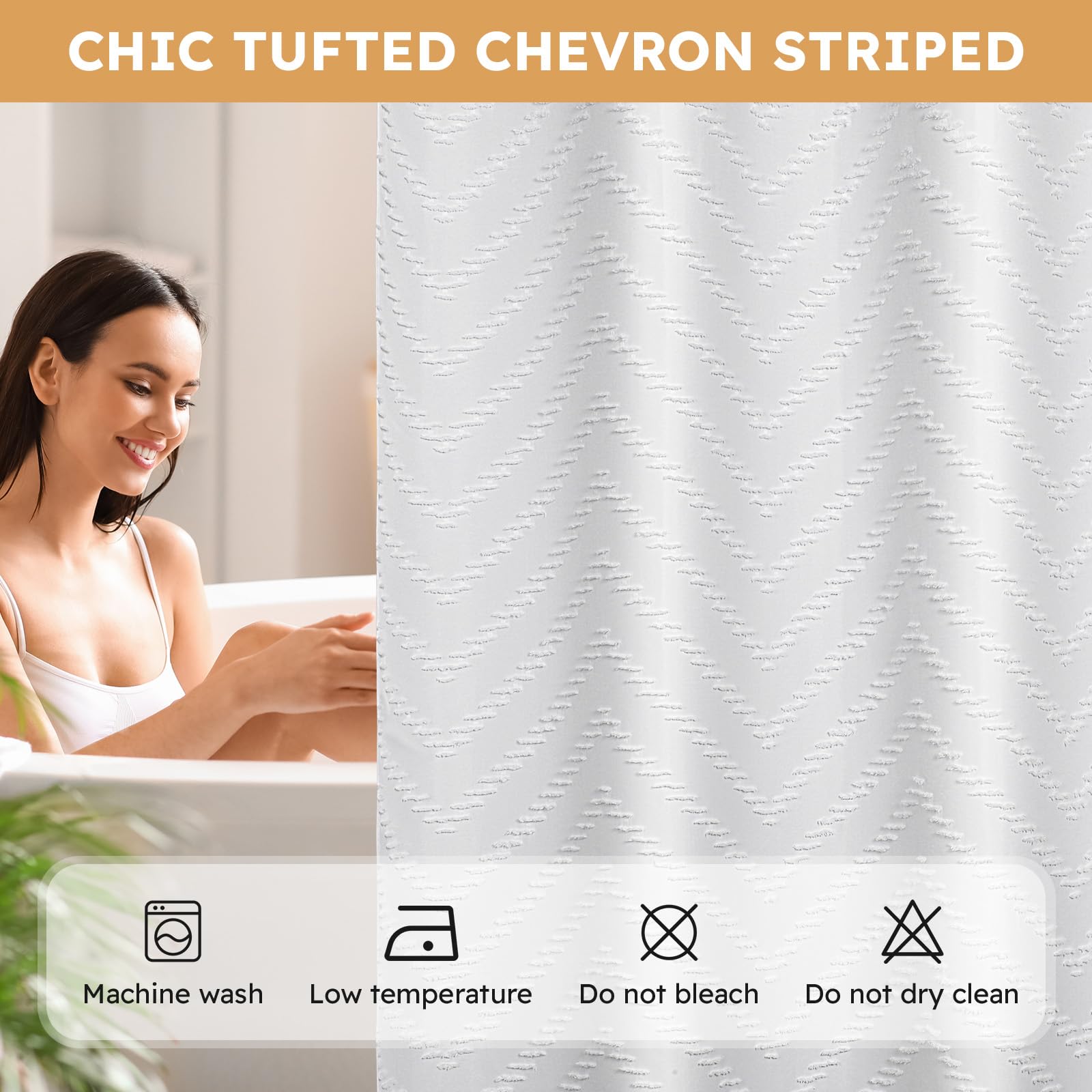 Fadoty No Hook Shower Curtain And Snap In Liner Set White Tufted Chevron Striped Cloth Waterproof Washable Fabric Boho Bath Curt