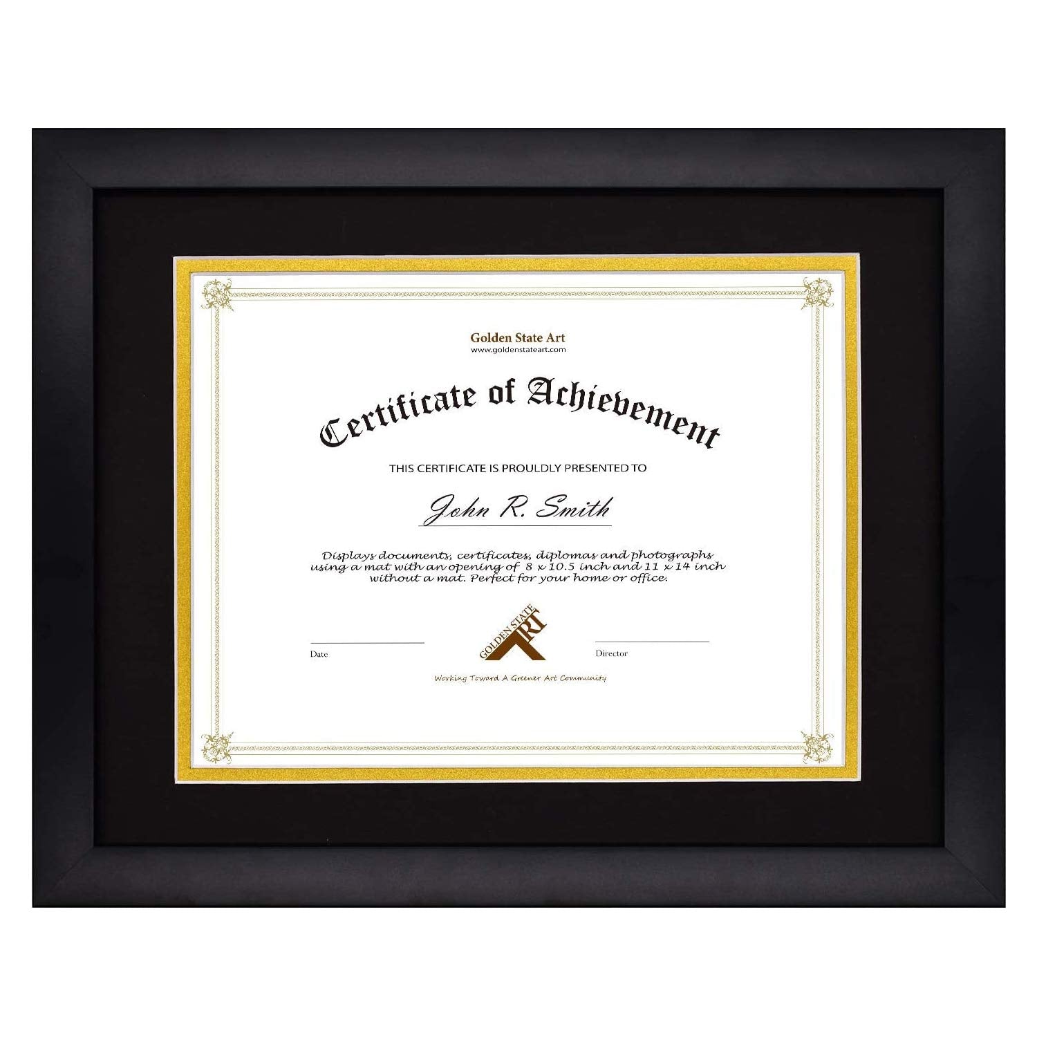 Golden State Art, 11x14 Diploma Frame for 8.5x11 Document & Certificates, Solid Wood, Real Glass (Black with Black/Gold Double M