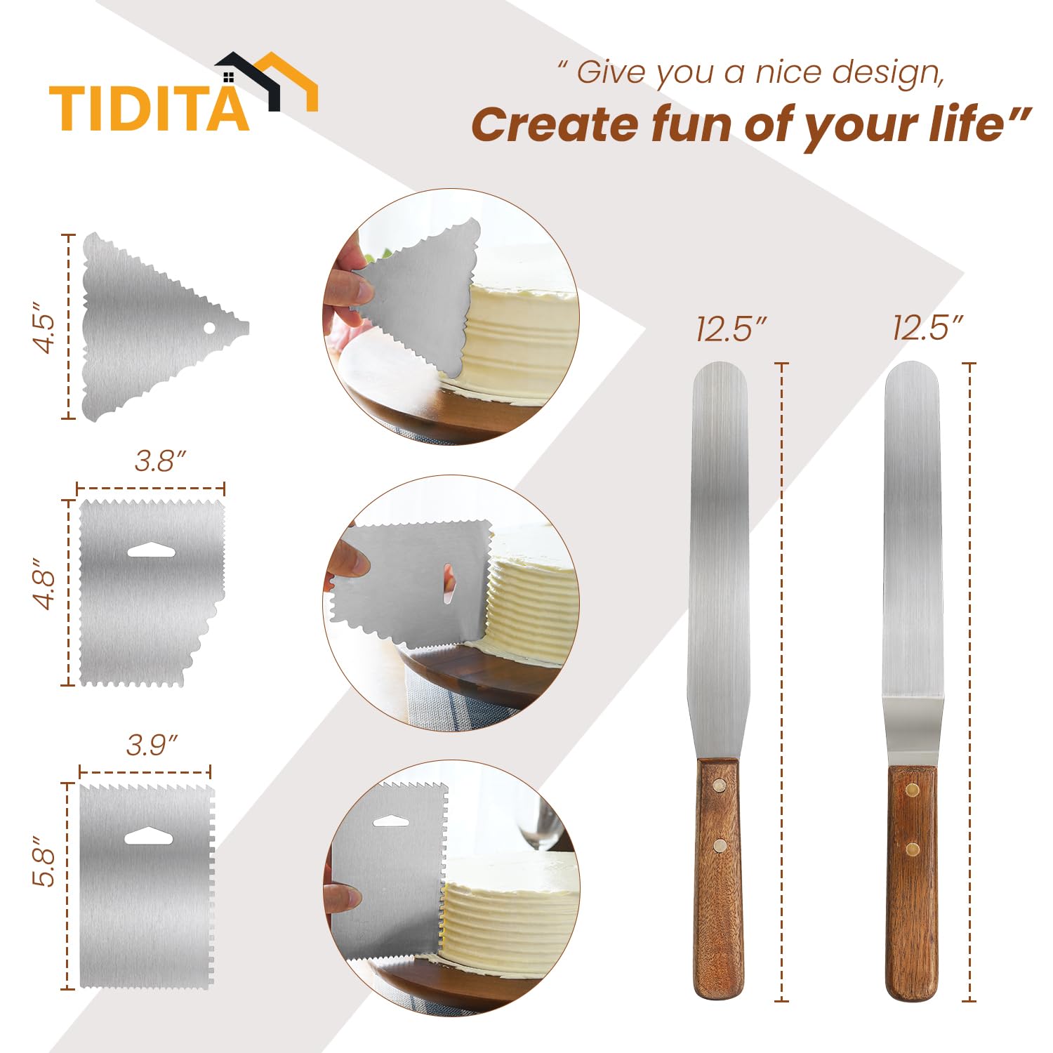 Tidita 13'' Acacia Cake Stand Rotating - Rustic Cake Stand Set Turntable With 2 Icing Spatulas, 3 Smoothers - Wooden Revolving S