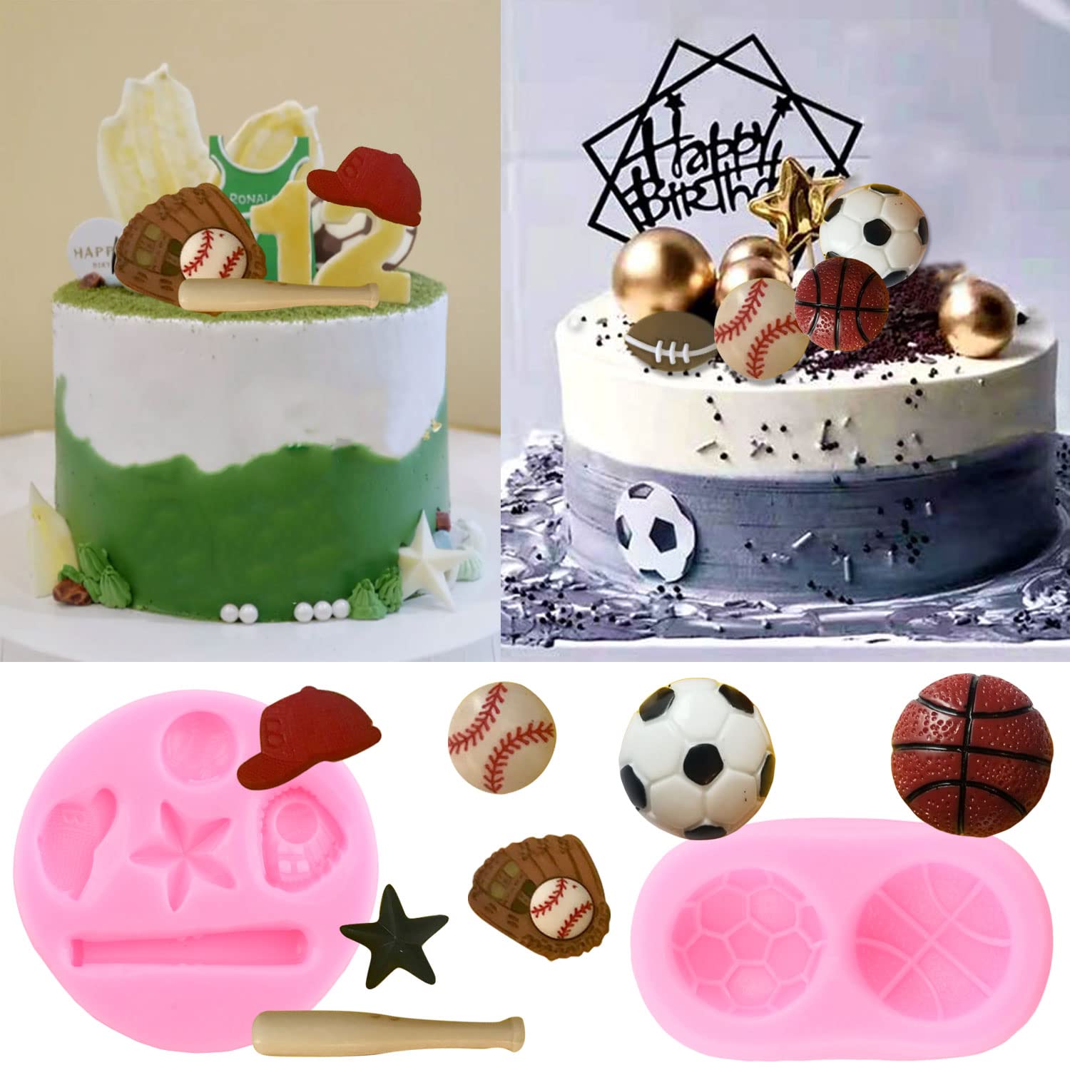 Mujiang Ball Silicone Molds Football Baseball Basketball Rugby Fondant Mold For Cake Decorating Chocolate Candy Clay Set Of 4