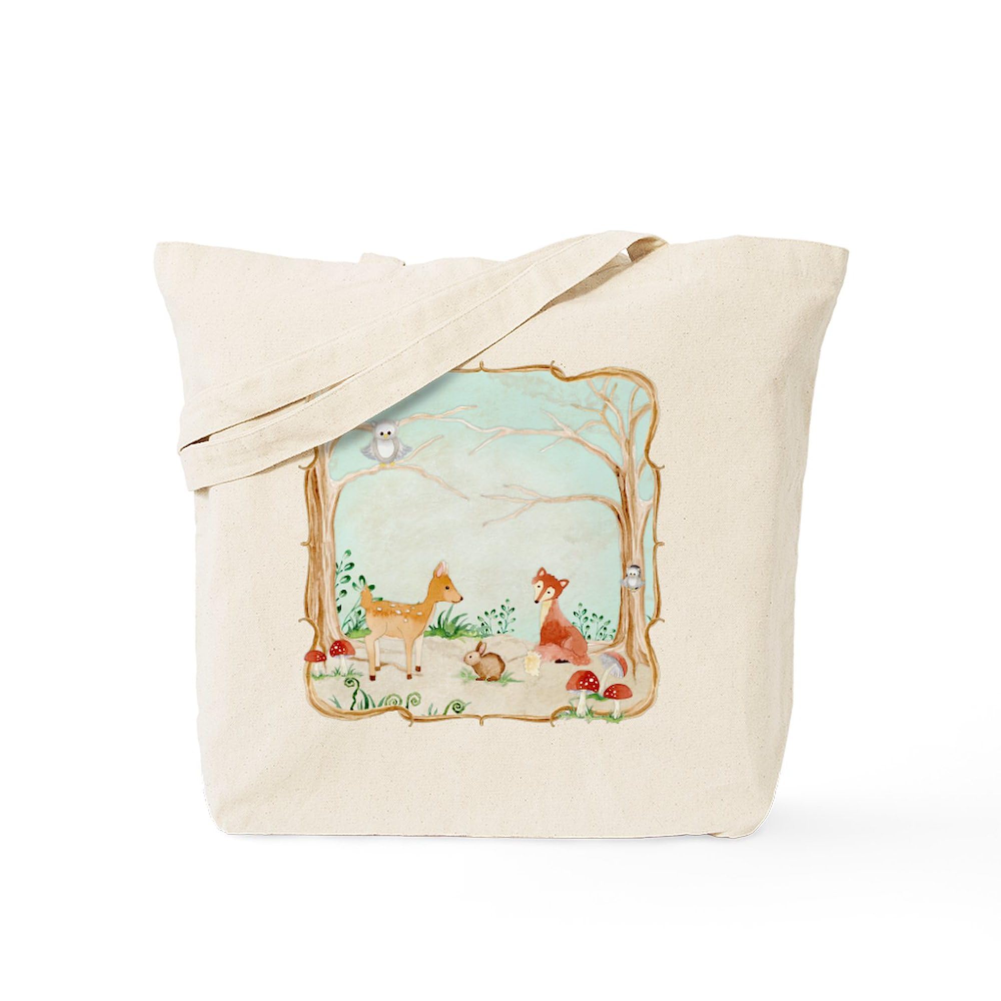 Cafepress Woodland Creatures Animals Deer Fox Rabbit Owl Art Natural Canvas Tote Bag, Reusable Shopping Bag