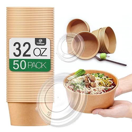 TOPtoper 50 Pcs 32 Oz Large Paper Bowls with Lids  Disposable Soup Serving Bowls Bulk Party Supplies for Hot/Cold Food  Soup (32 OZ)