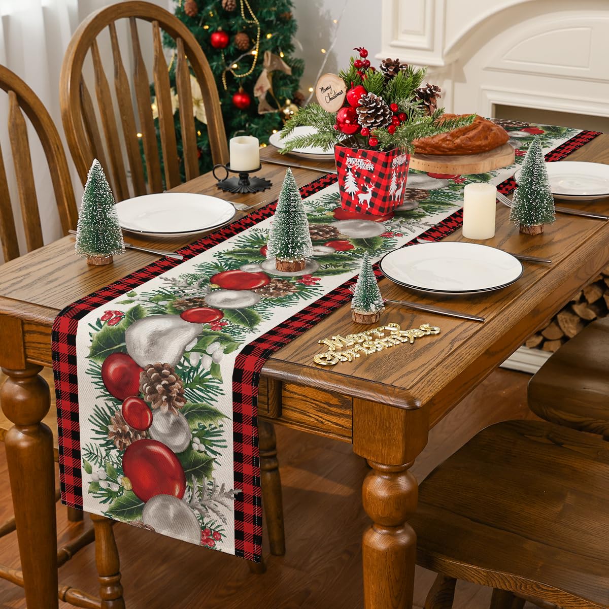 Siilues Christmas Table Runner, Buffalo Plaid Christmas Ball Decorations Christmas Runner For Table Seasonal Winter Decor For In