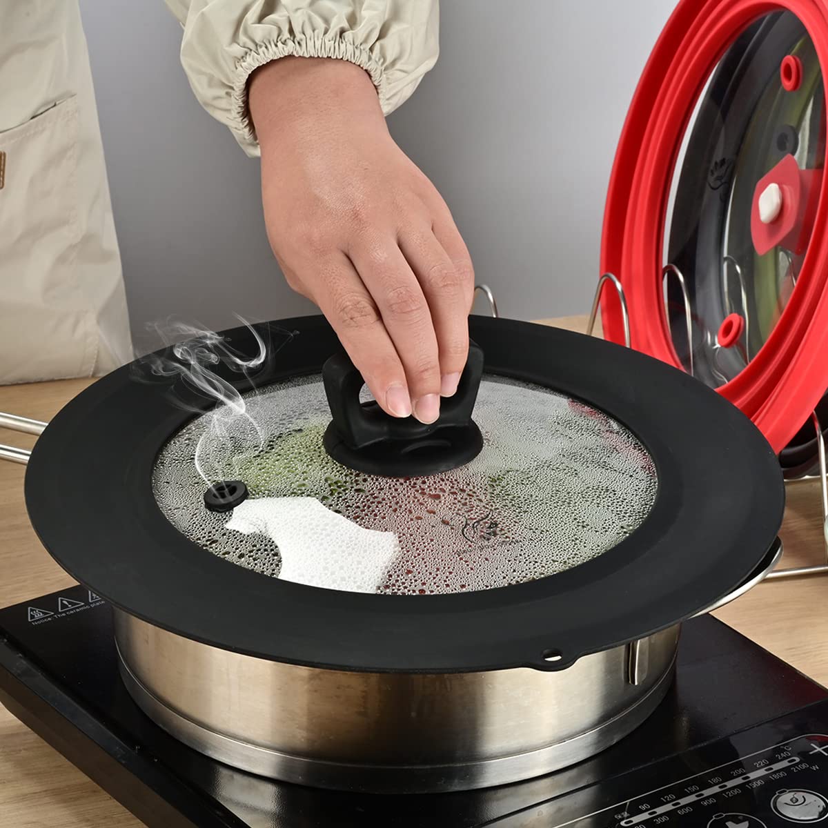 Vented Tempered Glass Universal Lid For Pot Pan Skillet With Heat Resistant Silicone Rim Microwave Splatter Lid Cover Microwave