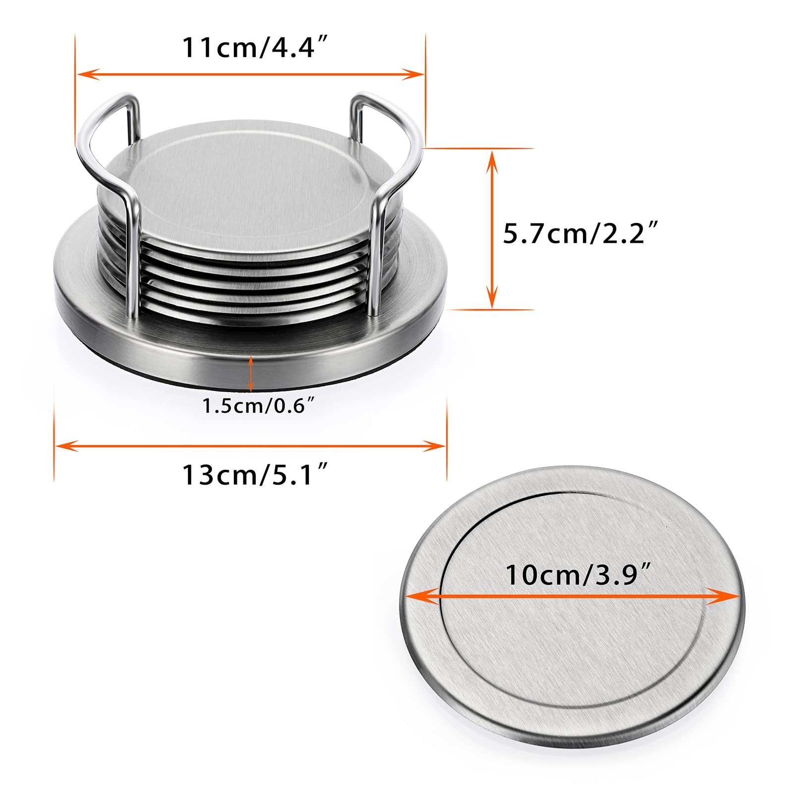 Juxyes Set Of 6 Stainless Steel Round Coasters With Holder & Sponge Bottom, Silver Metal Cup Coasters Set Stunning Cool Coaster