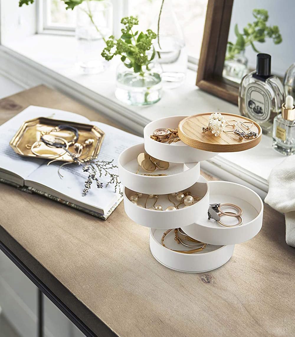 Yamazaki Home Tosca Stacked Accessory Trays With Wooden Lid - Open - Abs Plastic, One Size, White