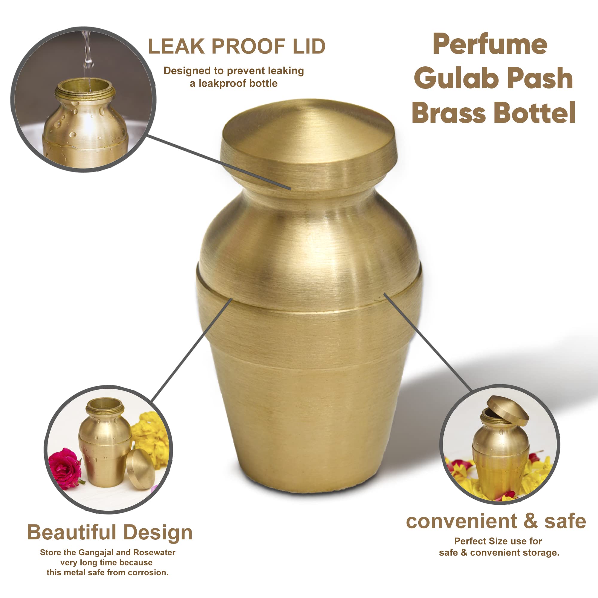 Karigar Creations Leak Proof Brass Gangajal Kalash for Pooja Temple Spirituals Diwali Gift 10 ml Capacity Size 3x1.5 inch