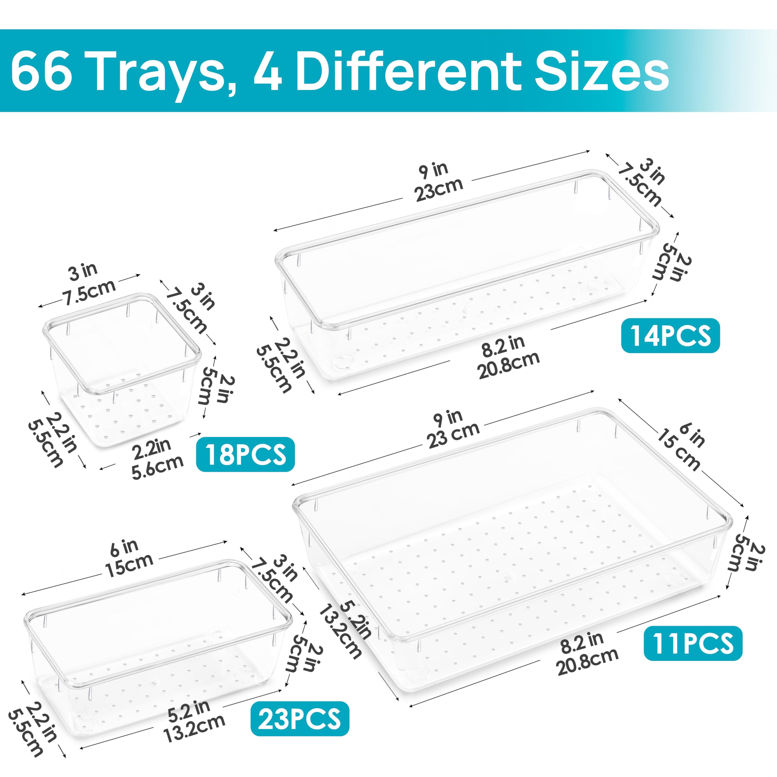 Vtopmart 66 PCS Clear Plastic Drawer Organizers Bins, 4-Size Versatile Bathroom and Vanity Organizer Trays, Non-Slip Storage Con