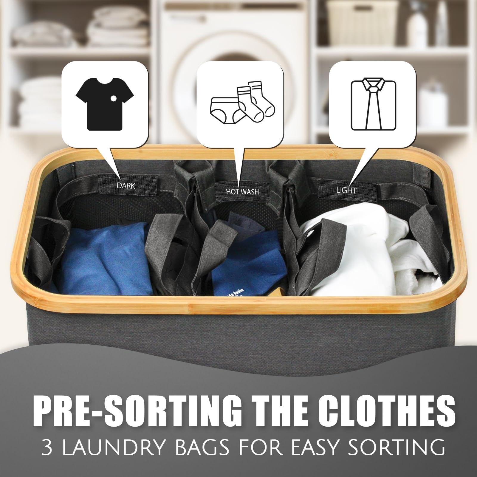 Bathola Laundry Hamper with Lid  145L Extra Large Hamper 3 Section Dirty Clothes Hampers for Divided Basket Organizer for Bedroom Laundry Room Grey