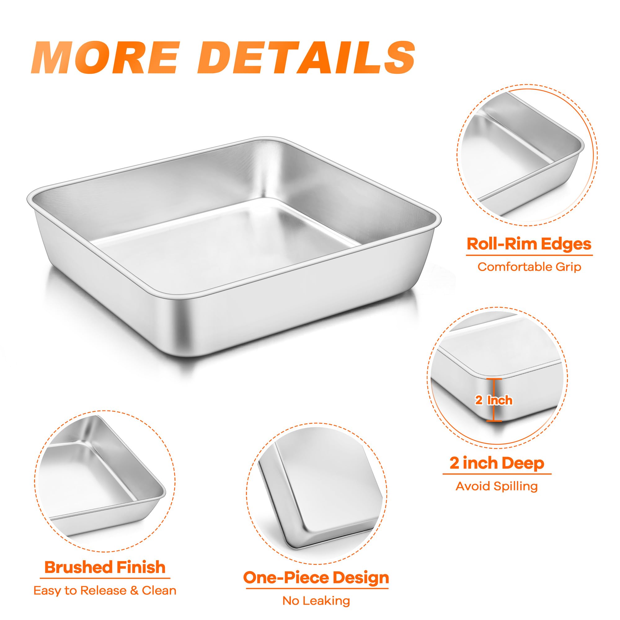 Teamfar Square Cake Pan, 6/8 / 9 Inch Stainless Steel Square Baking Pan For Cake Brownie Lasagna, Non-Toxic & Heavy Duty, One Pi
