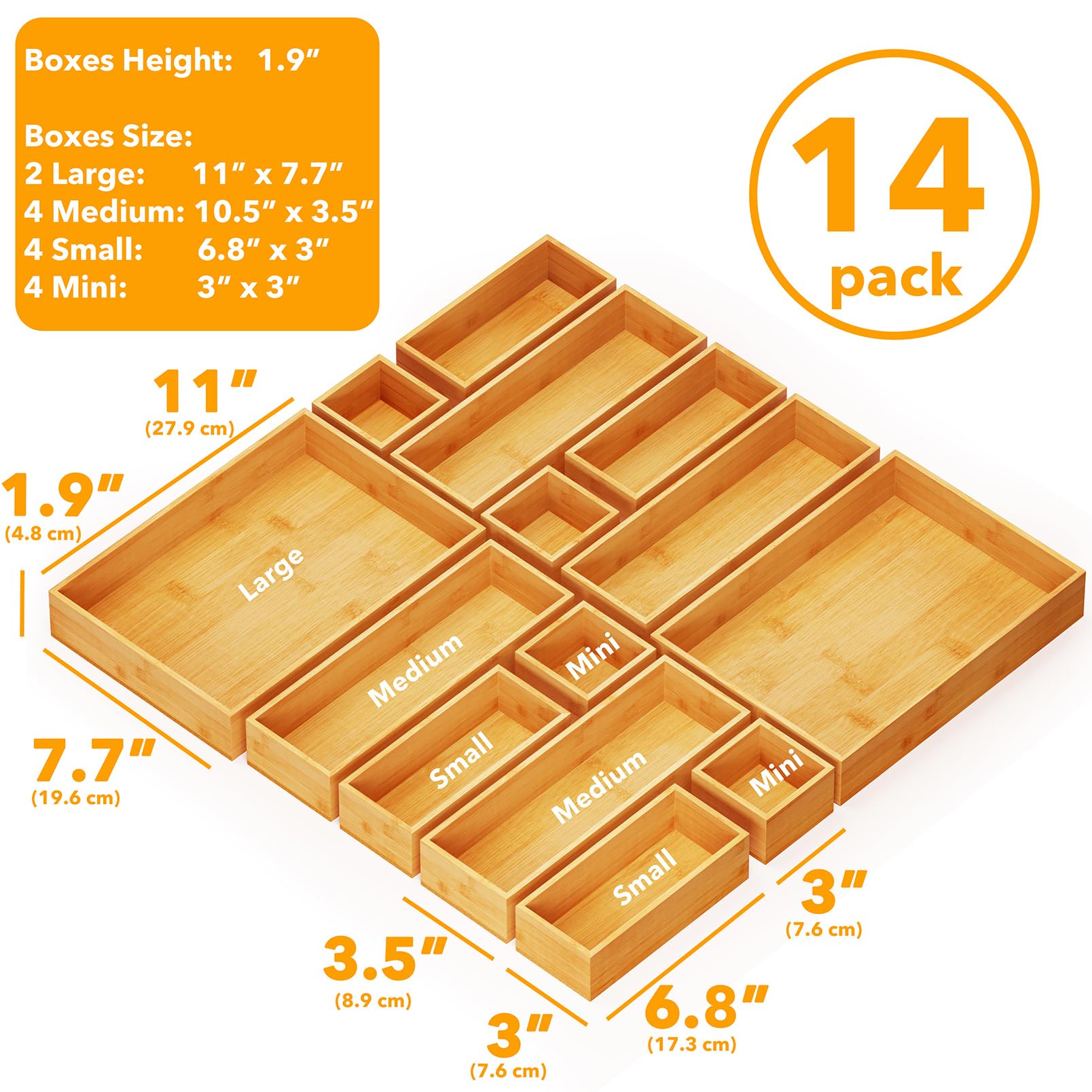 SpaceAid 14-Piece Bamboo Drawer Organizer Storage Boxes Set, Wood Tray Junk Drawer Organizers Multi-Use Divider Bins for Kitchen