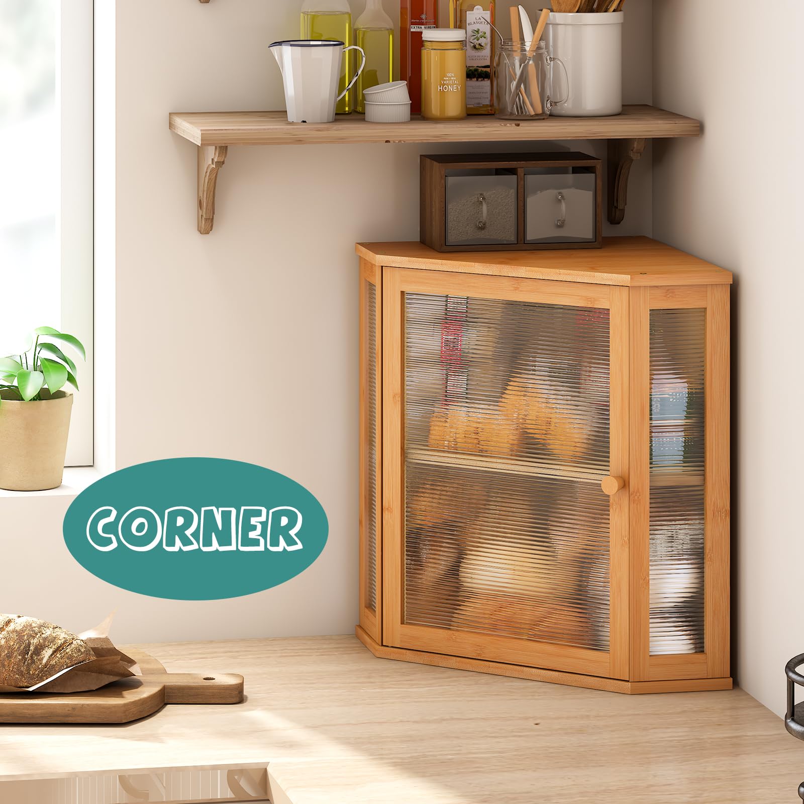 Viewcare Corner Bread Box For Kitchen Counter, Bamboo Wood Large Capacity Bread Storage Bin With Acrylic Wavy Door Panel (Natura