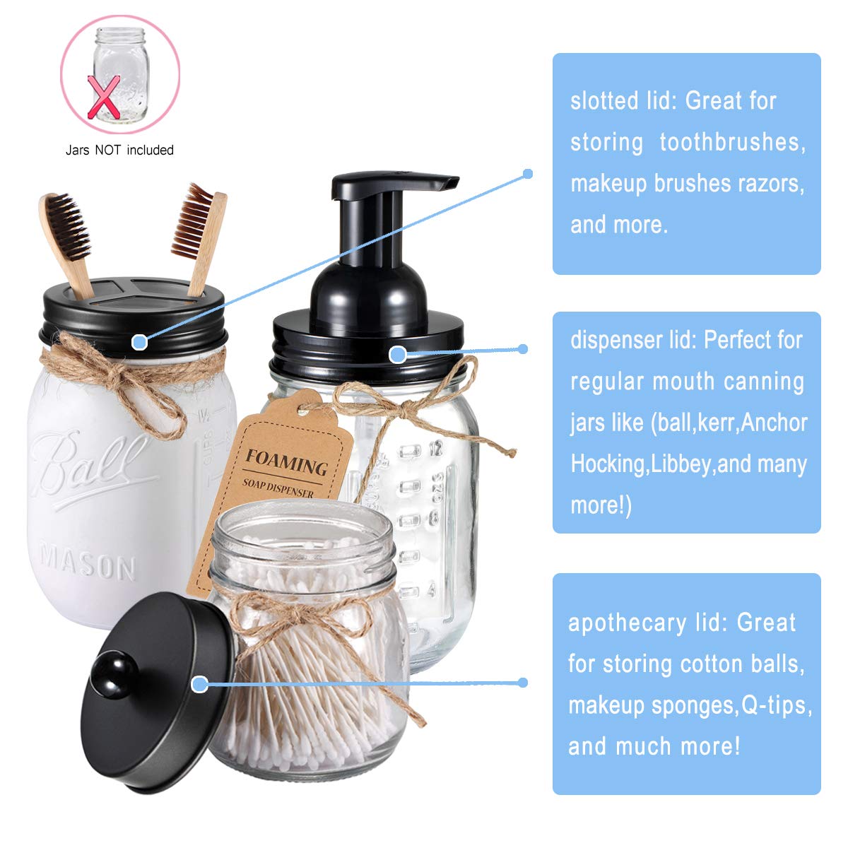 Komashr Mason Jar Bathroom Accessories Set(4Pcs)- Jars Not Included - Foaming Soap Dispenser,Toothbrush Holder, And Apothecary S