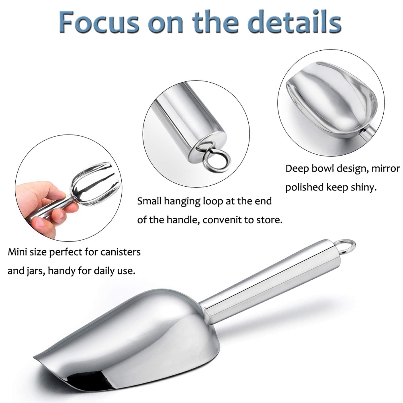E-Far Mini Ice Scoop Set Of 2, 3 Ounce Stainless Steel Scoops For Ice Cube/Candy/Flour/Sugar, Metal Utility Scoops For Canisters