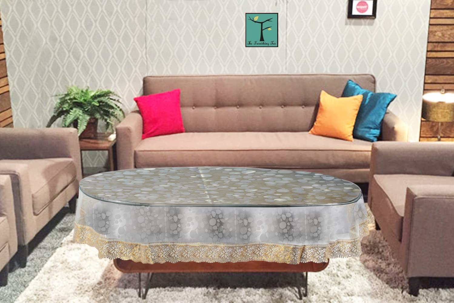 The Furnishing Tree Oval Shaped Center 3D Designed Table Cover WxL 40x60 inches with Golden Lace