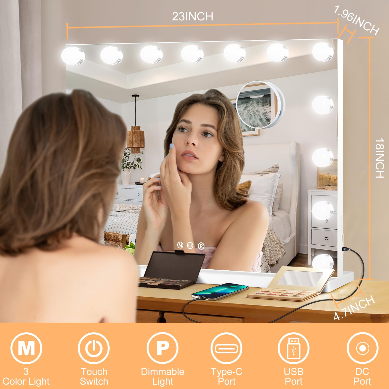 Moonee Hollywood Vanity Mirror With Lights,Makeup Mirror With 15 Dimmable Bulbs And 10X Magnification,3 Colors Modes,Aluminum Me