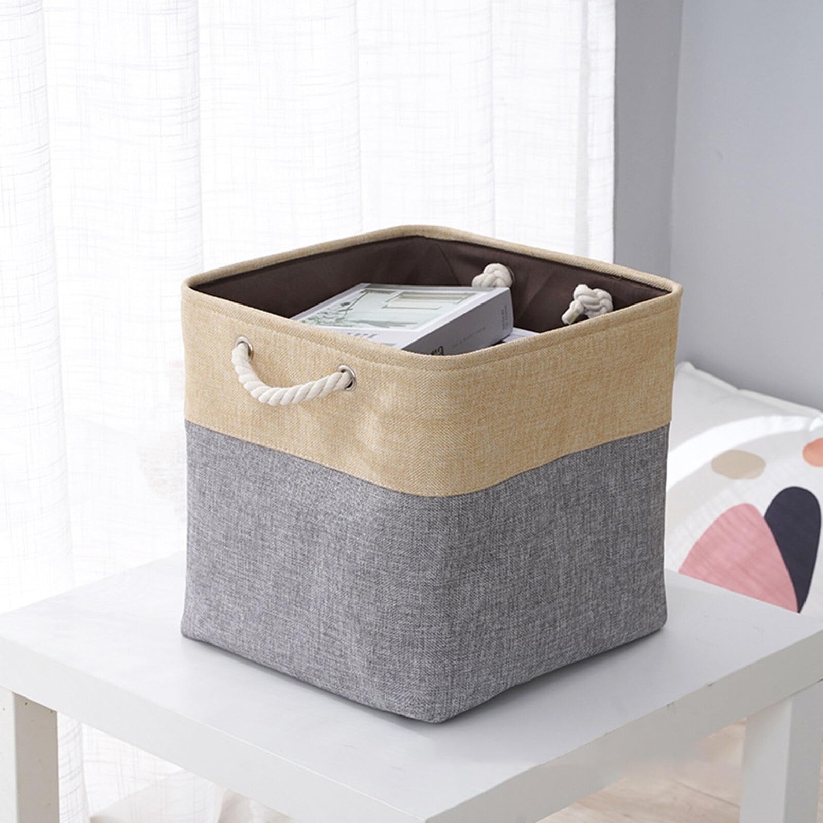 Heart Home Foldable Storage Basket|Polyester Toy Storage Bin|Wardrobe Organizer For Clothes (Dark Grey & Brown)