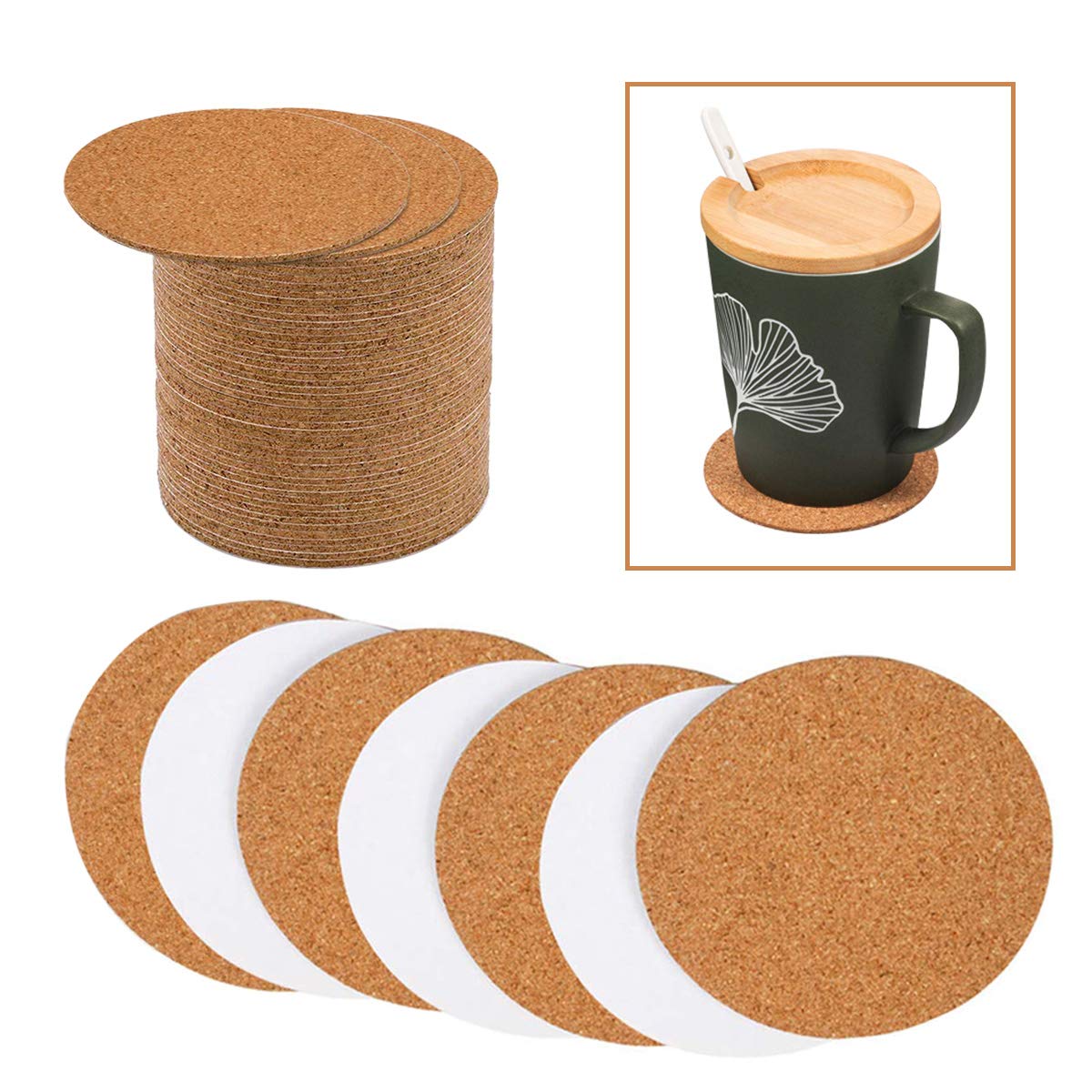 Allazone Self-Adhesive Cork Round, 70 Pack Cork Backing Sheets For Wall Decoration, Party Supplies Coasters And Diy Crafts