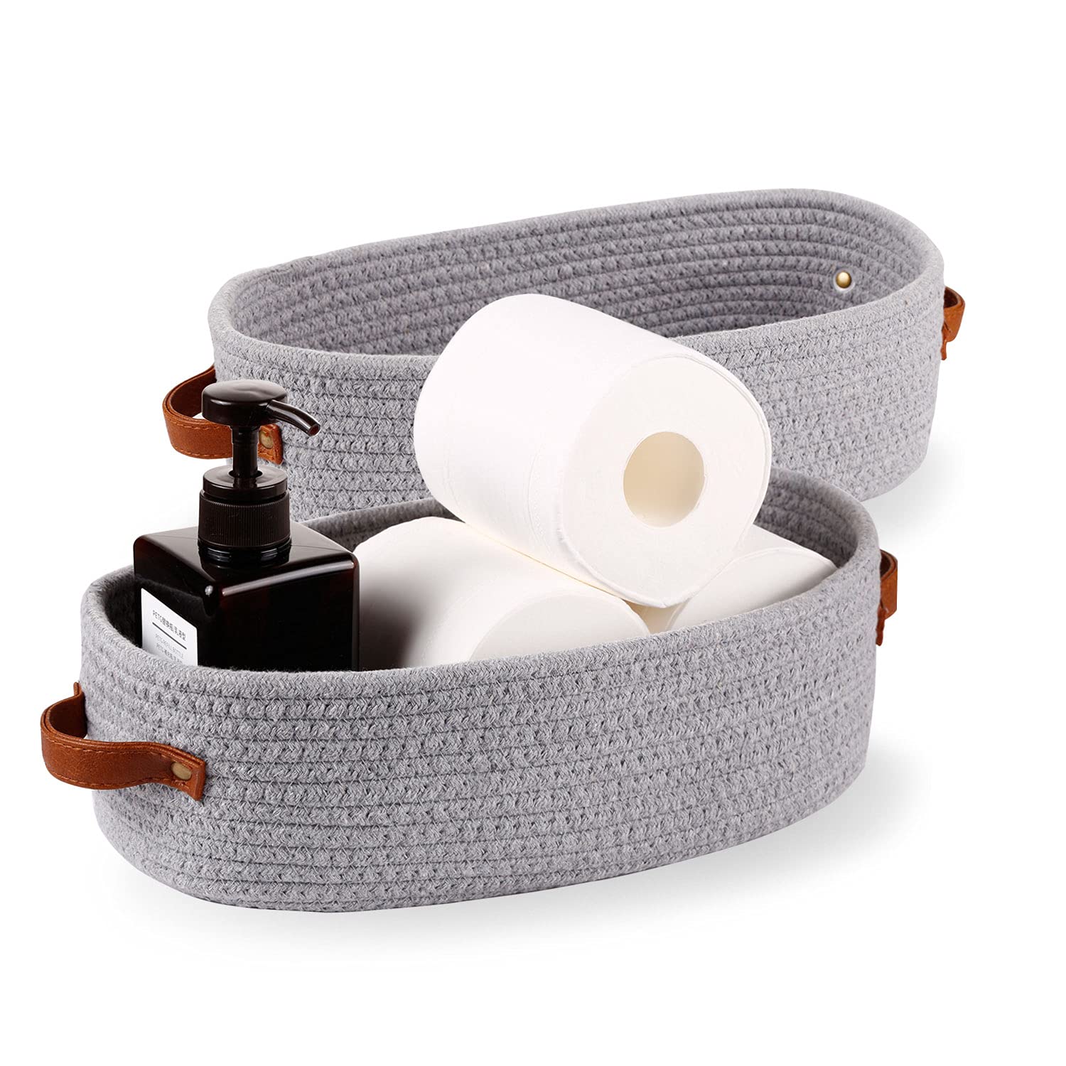 Oradrem 2 Pack Cotton Rope Small Woven Basket,Toilet Paper Basket,Room Storage Basket With Handles For Bathroom, 13''X5.9''X4''