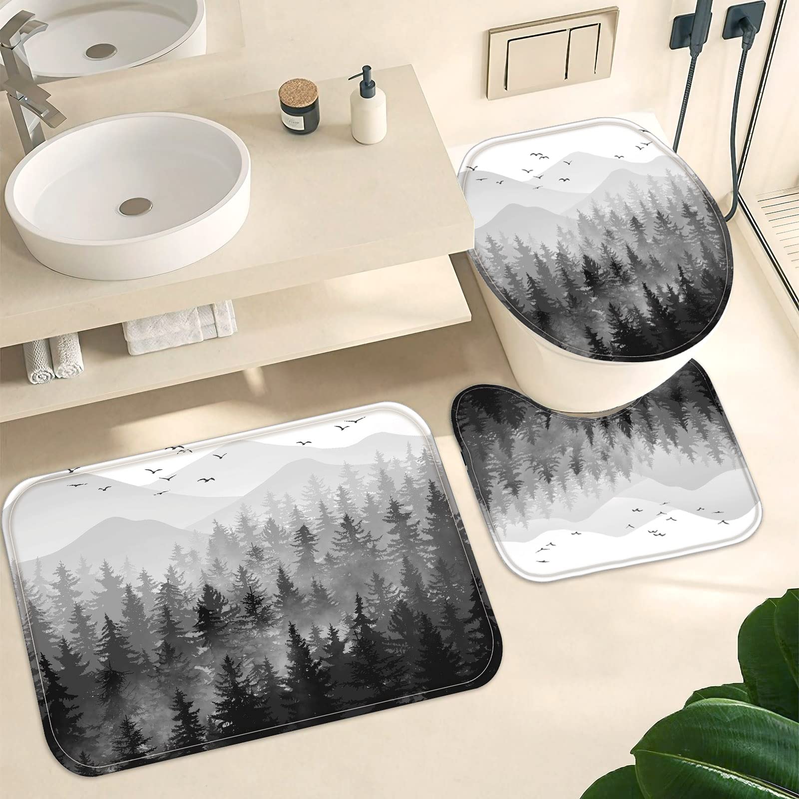 Fungarth 4 Pcs Black White Misty Forest Shower Curtain Set With Rug Mountain Bathroom Sets With Waterproof Fabric Shower Curtain
