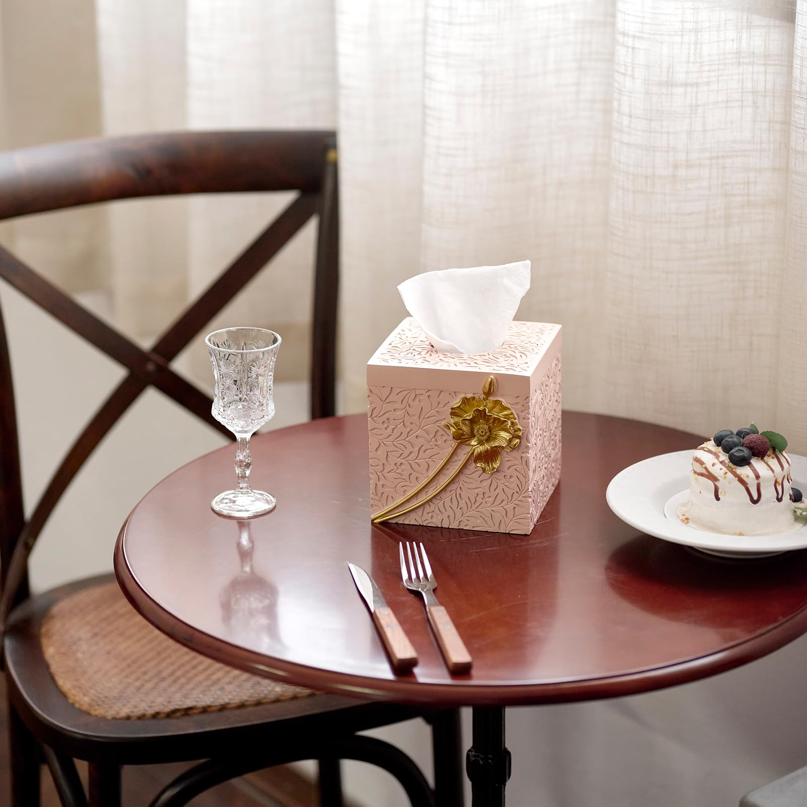 Gold Flowers Square Tissue Box Cover,Tissue Box Holder For Bathroom Home Decor,Hand Carved 3D Florwers Tissue Case,Farmhouse Pap