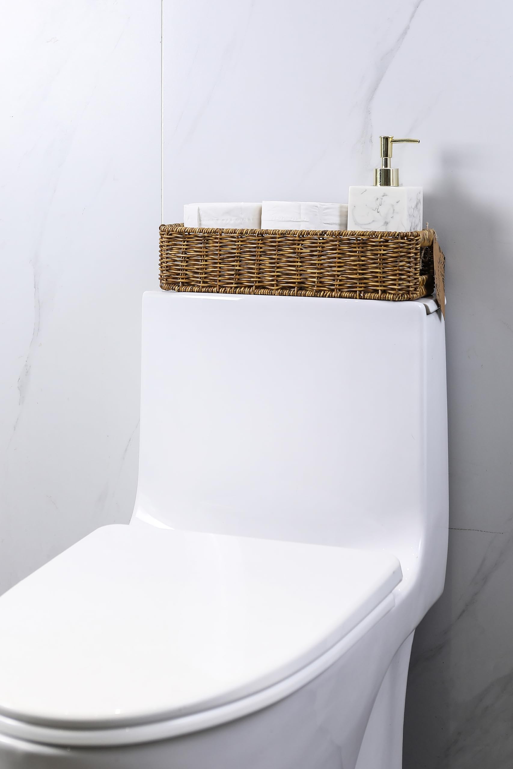 Upinfree Small Wicker Basket For Toilet: Waterproof Storage Basket Organizing Over Tank Topper Tan 2Pack